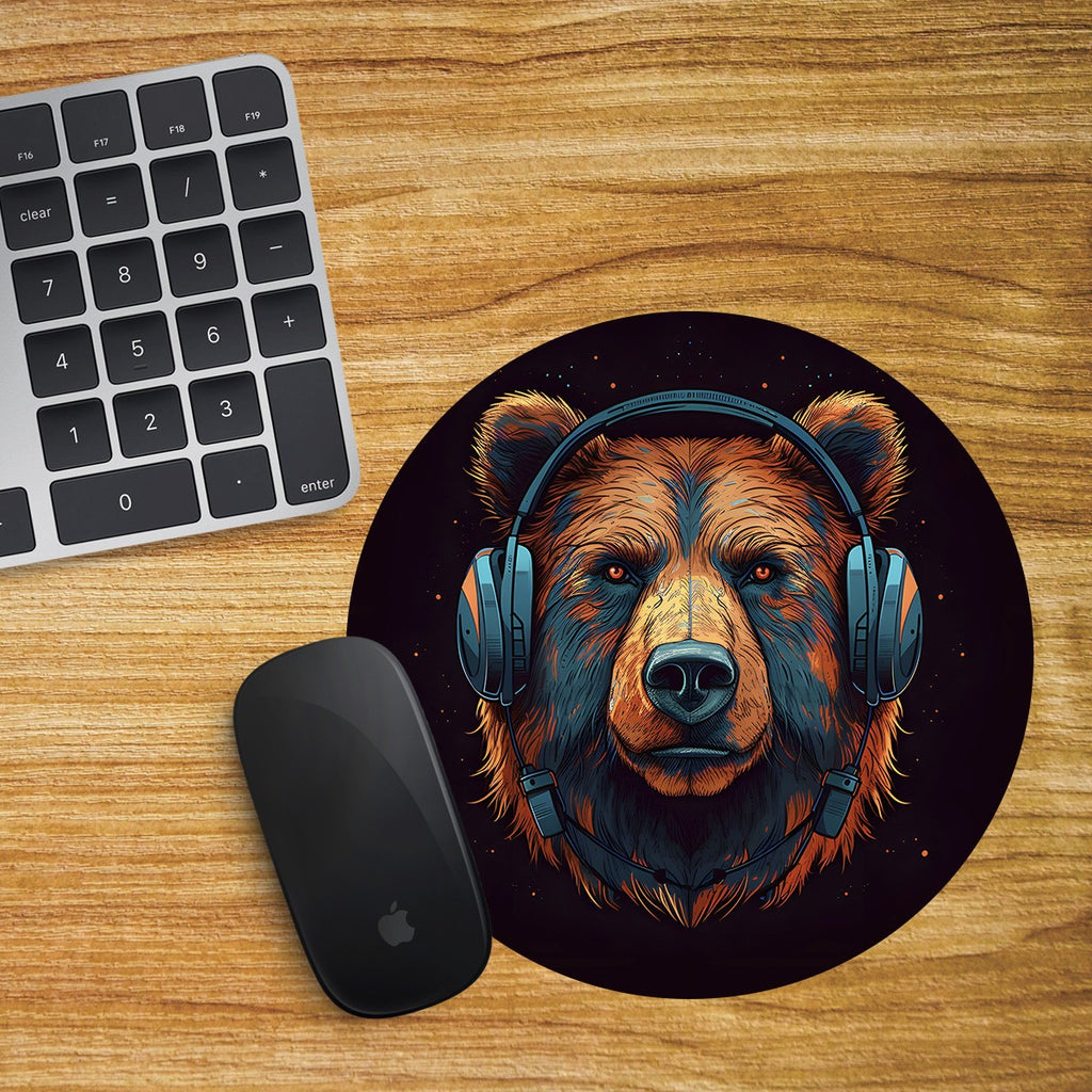 Brown Bear Round Mouse Mat Pad Computer PC Laptop Gaming DJ Headphones Grizzly