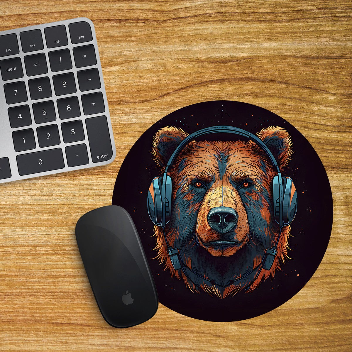 Brown Bear Round Mouse Mat Pad Computer PC Laptop Gaming DJ Headphones Grizzly