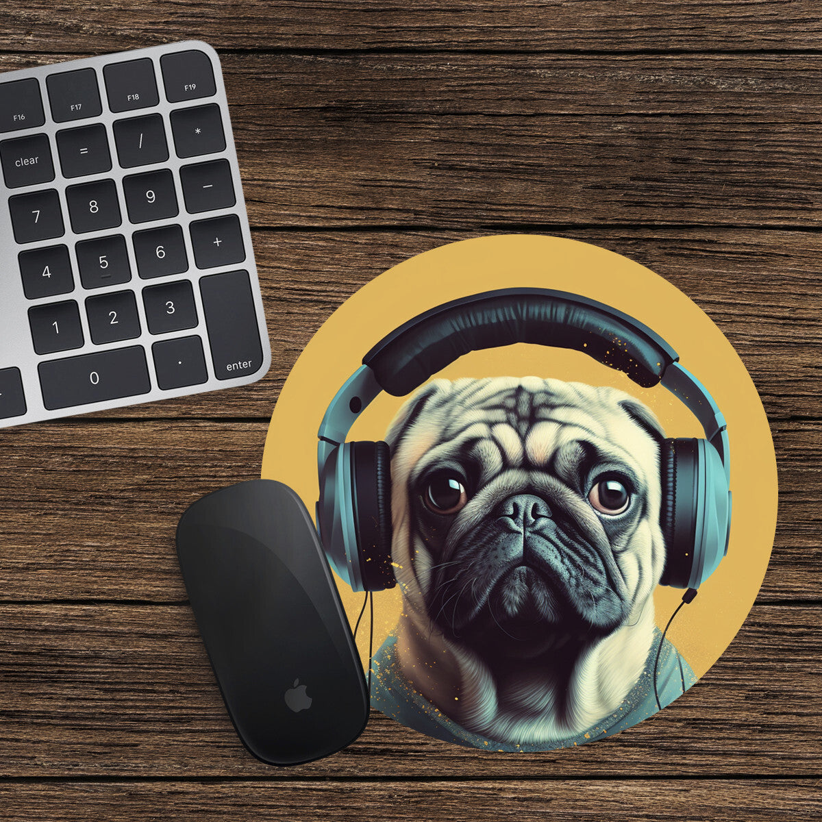 Pug Round Mouse Mat Pad Funny Computer PC Laptop Gaming DJ Headphones Dog
