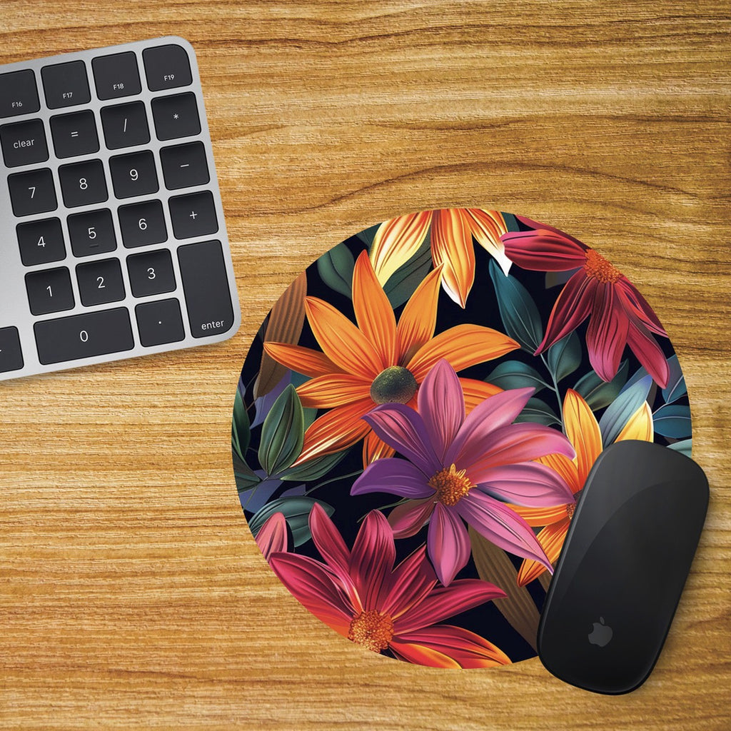 Flowers Round Mouse Mat / Pad Laptop Desktop Computer Purple Orange Red Flower 3