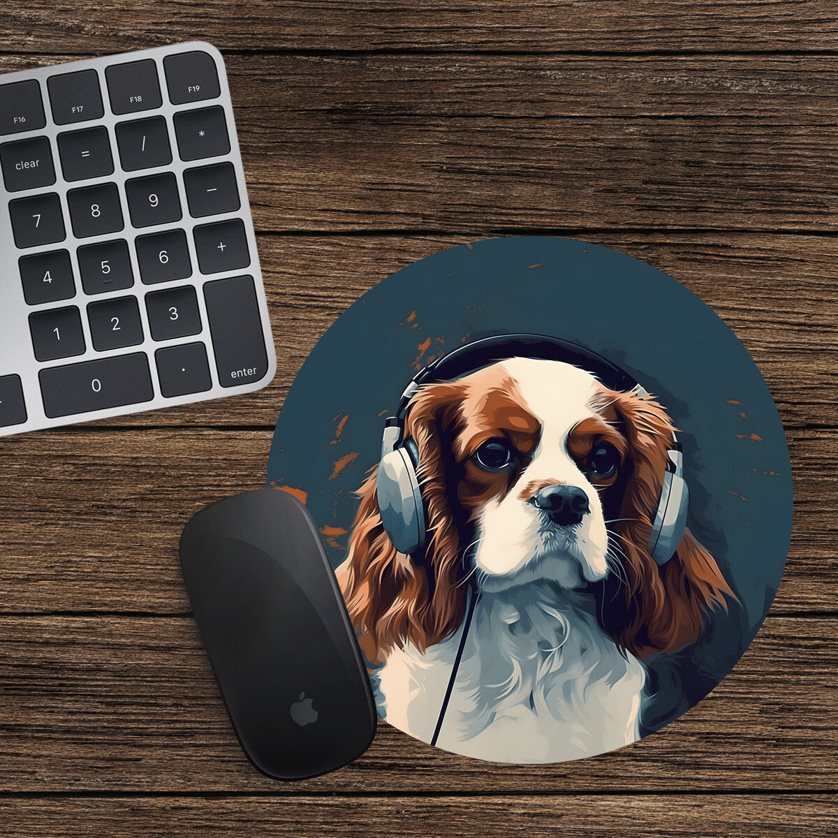 King Charles Spaniel Round Mouse Mat Pad Computer PC Laptop DJ Headphones Dog