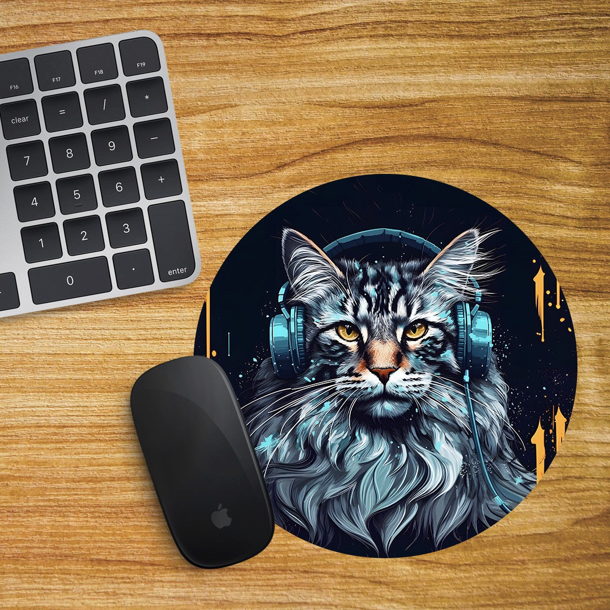 Main Coon Round Mouse Mat Pad Computer PC Laptop Gaming DJ Headphones Cat