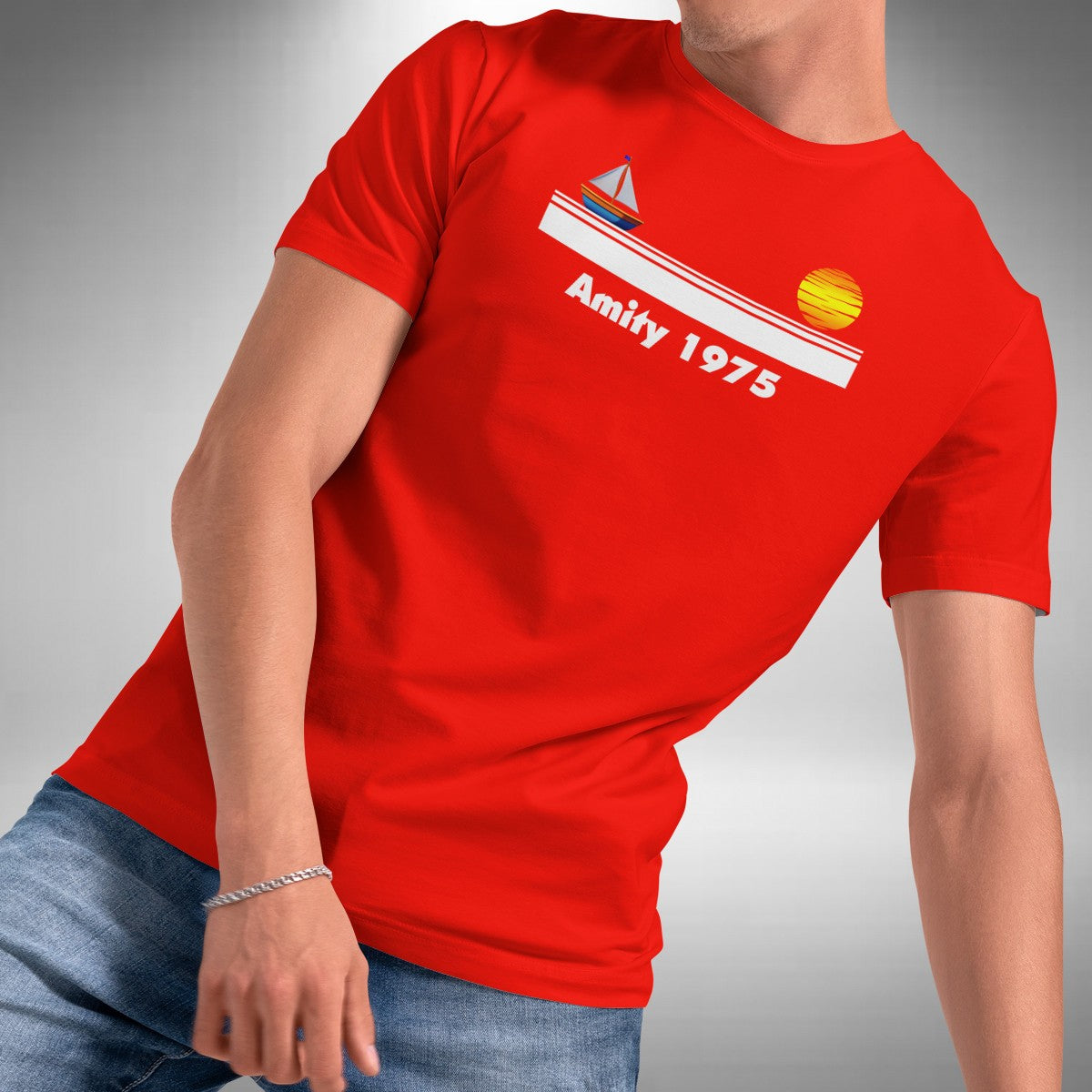 Amity 1975 T-Shirt - Funny Jaws Inspired Sailboat Sunset Island