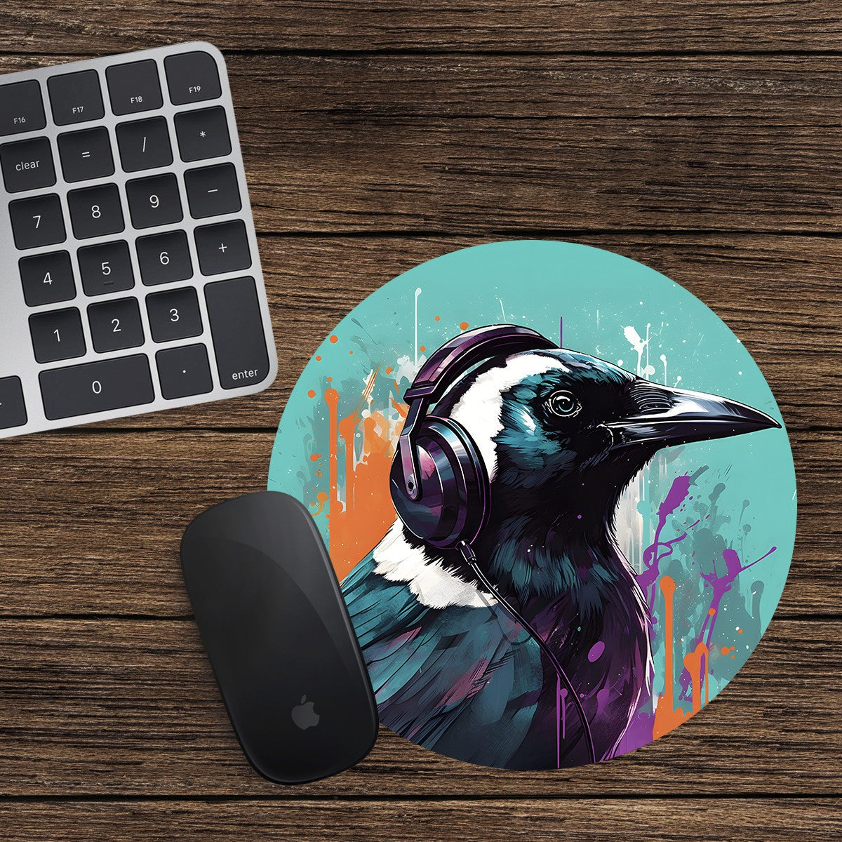 Magpie Round Mouse Mat Pad Funny Computer PC Laptop Gaming DJ Headphones