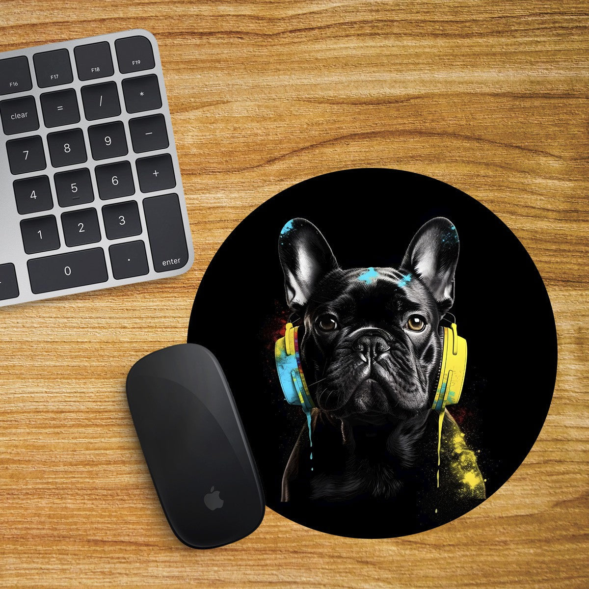 French Bulldog Round Mouse Mat Pad Funny Computer PC Laptop DJ Headphones Black