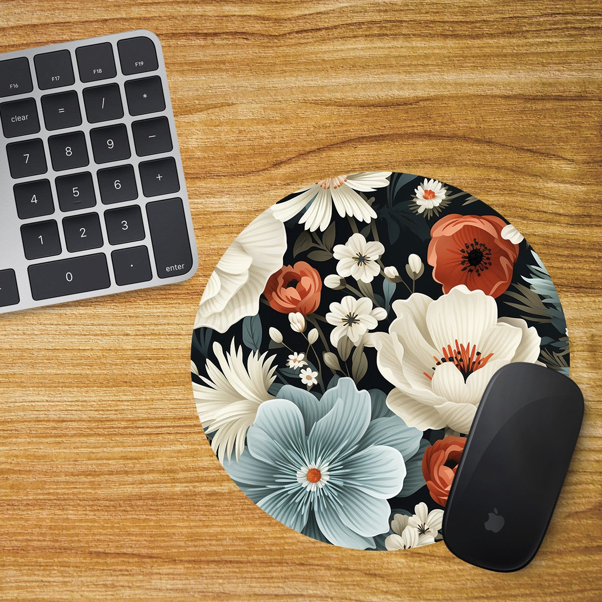 Flowers Round Mouse Mat / Pad Laptop Desktop Computer Blue White Red Flowers 2