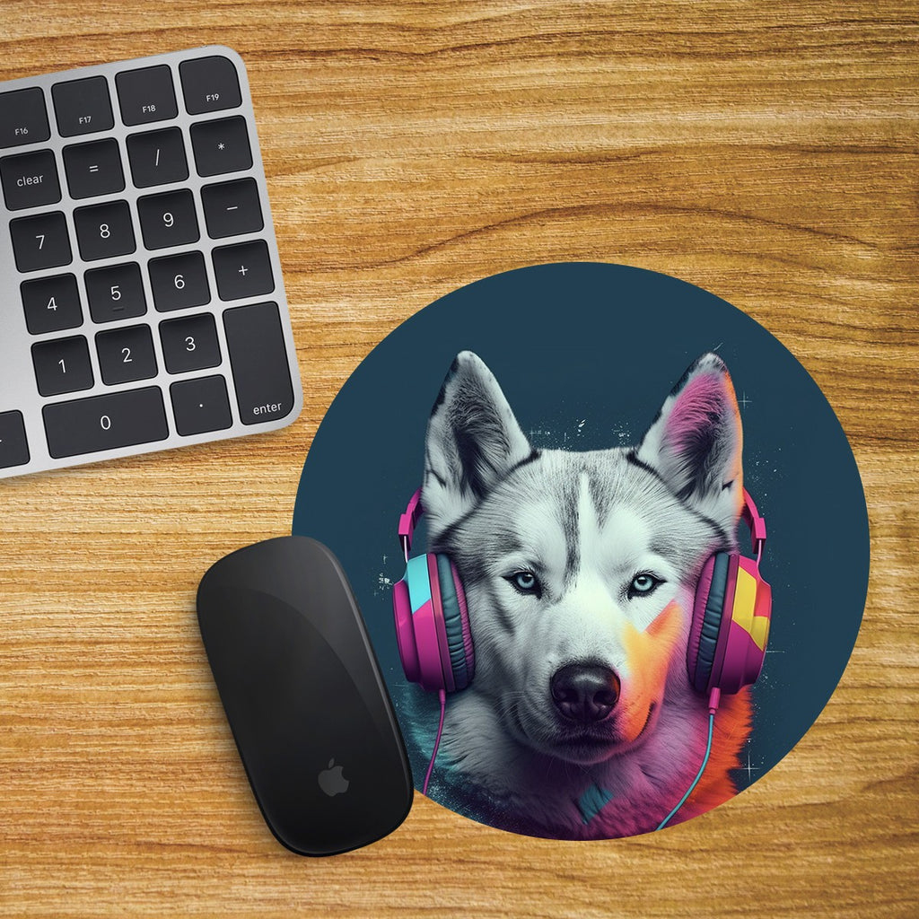 Siberian Husky Round Mouse Mat Pad Computer PC Laptop Gaming DJ Headphones