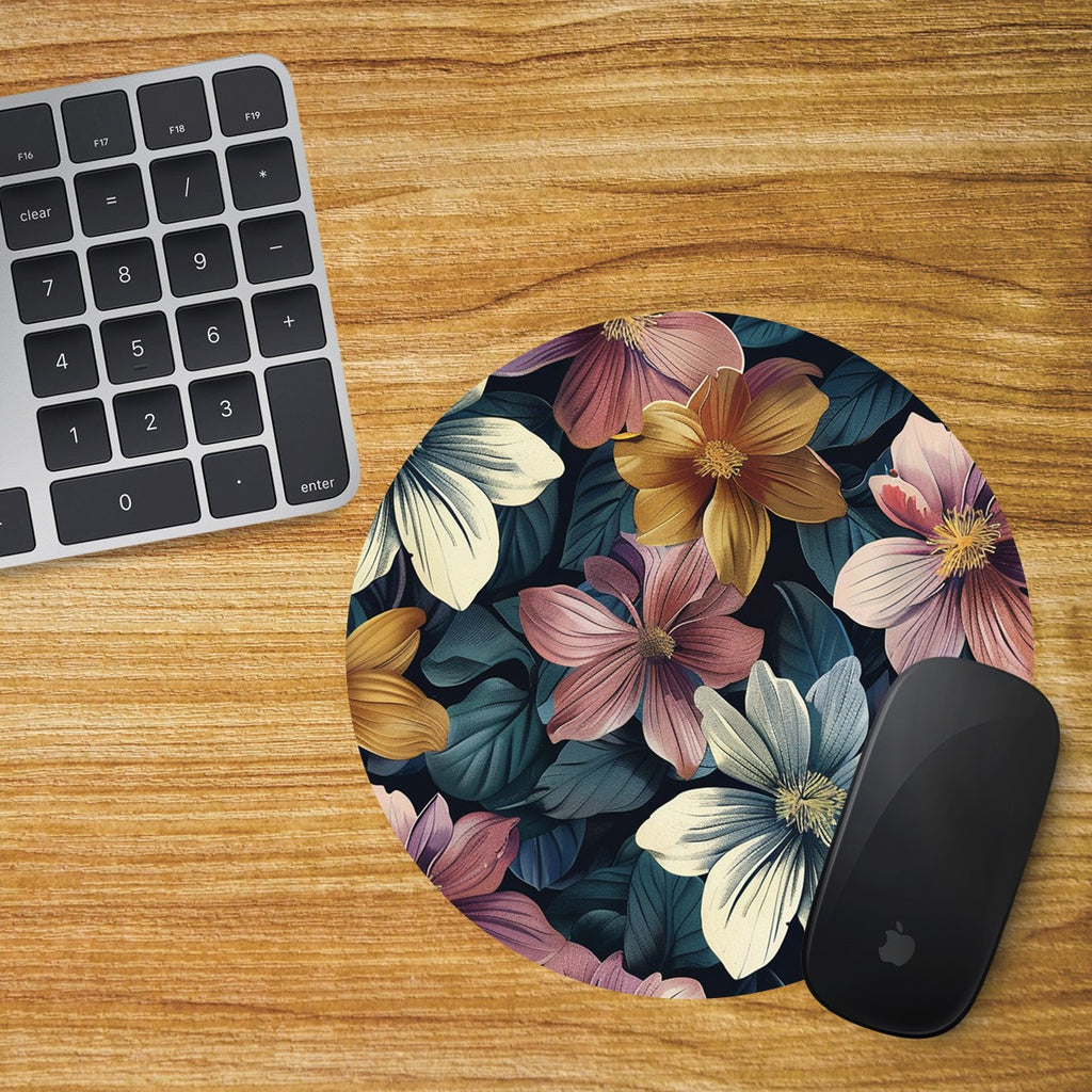 Flowers Round Mouse Mat / Pad Laptop Desktop Computer White Pink Orange Flower 5