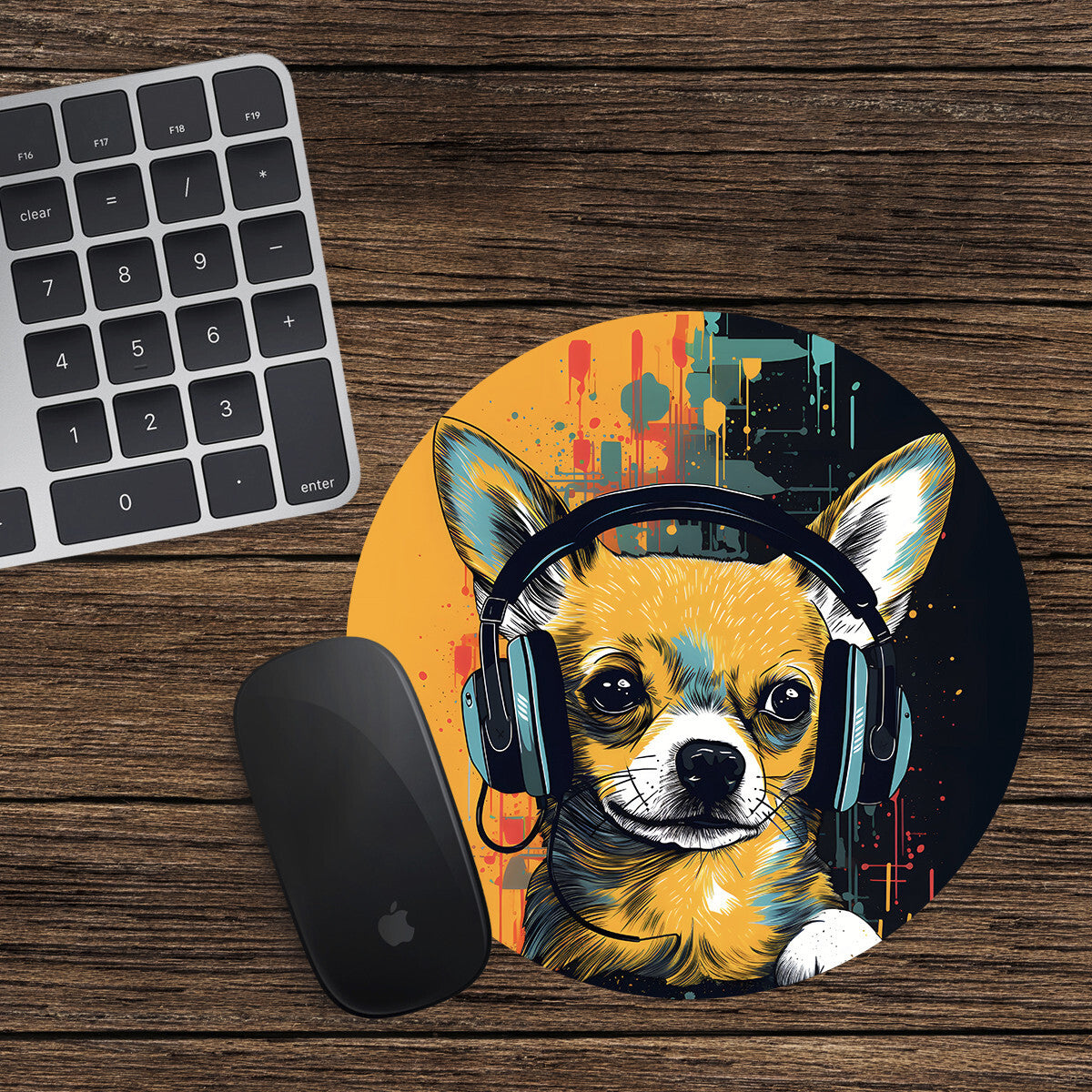 Chihuahua Round Mouse Mat Pad Funny Computer PC Laptop Gaming DJ Headphones Dog
