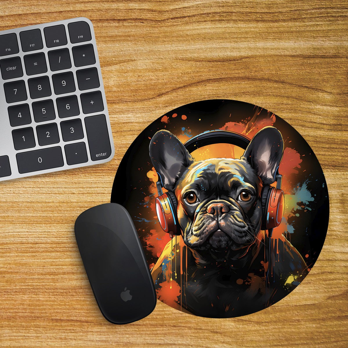 French Bulldog Round Mouse Mat Pad Funny Computer PC Laptop DJ Headphones Brown
