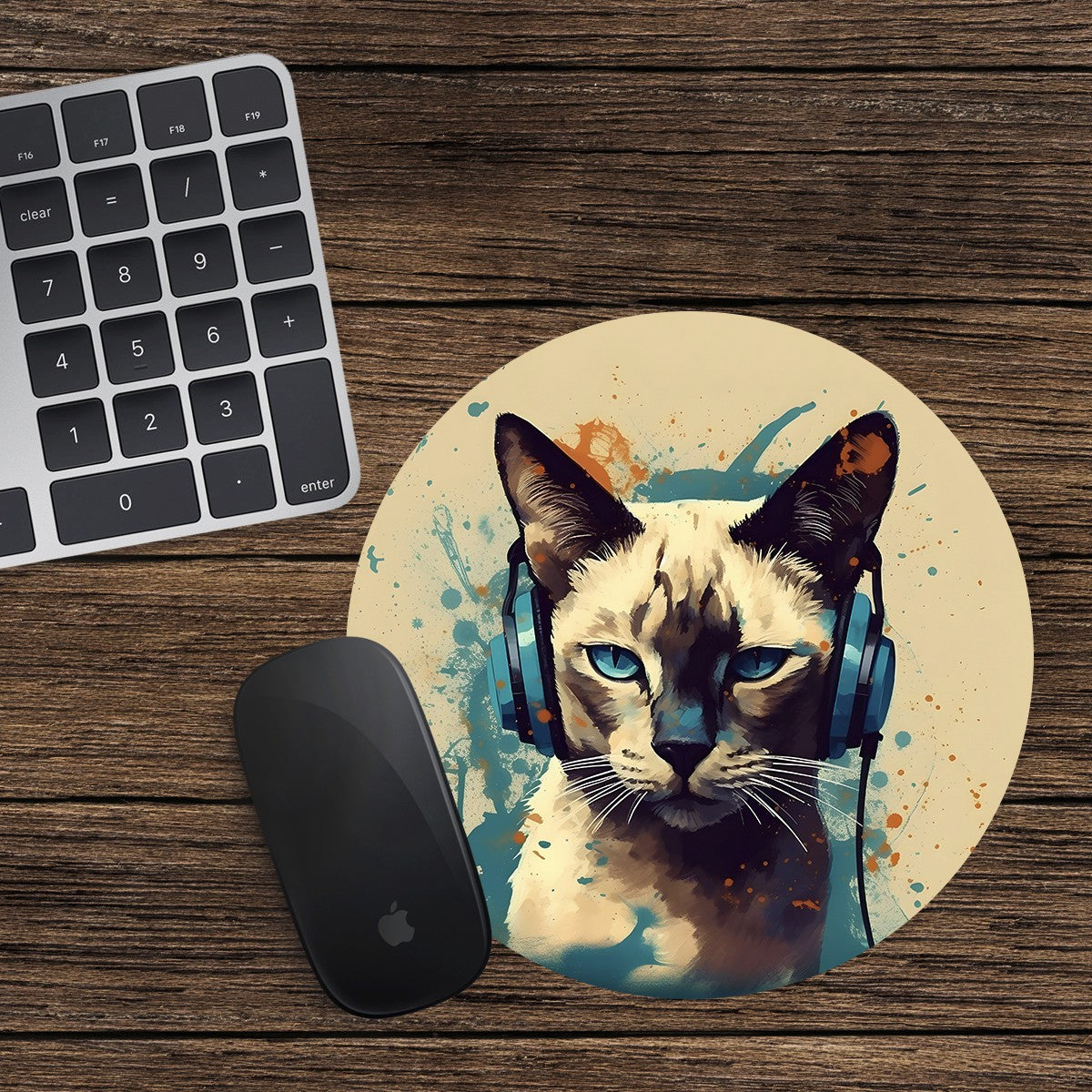 Siamese Cat Round Mouse Mat Pad Computer PC Laptop Gaming DJ Headphones Cat