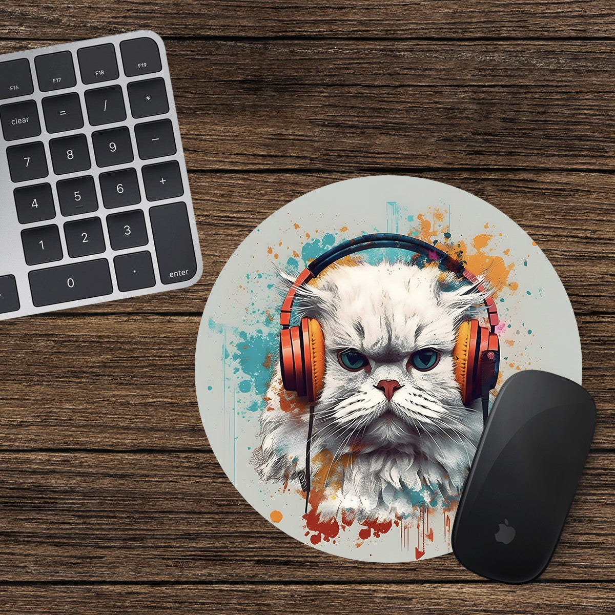Persian Cat Round Mouse Mat Pad Computer PC Laptop Gaming DJ Headphones Cat