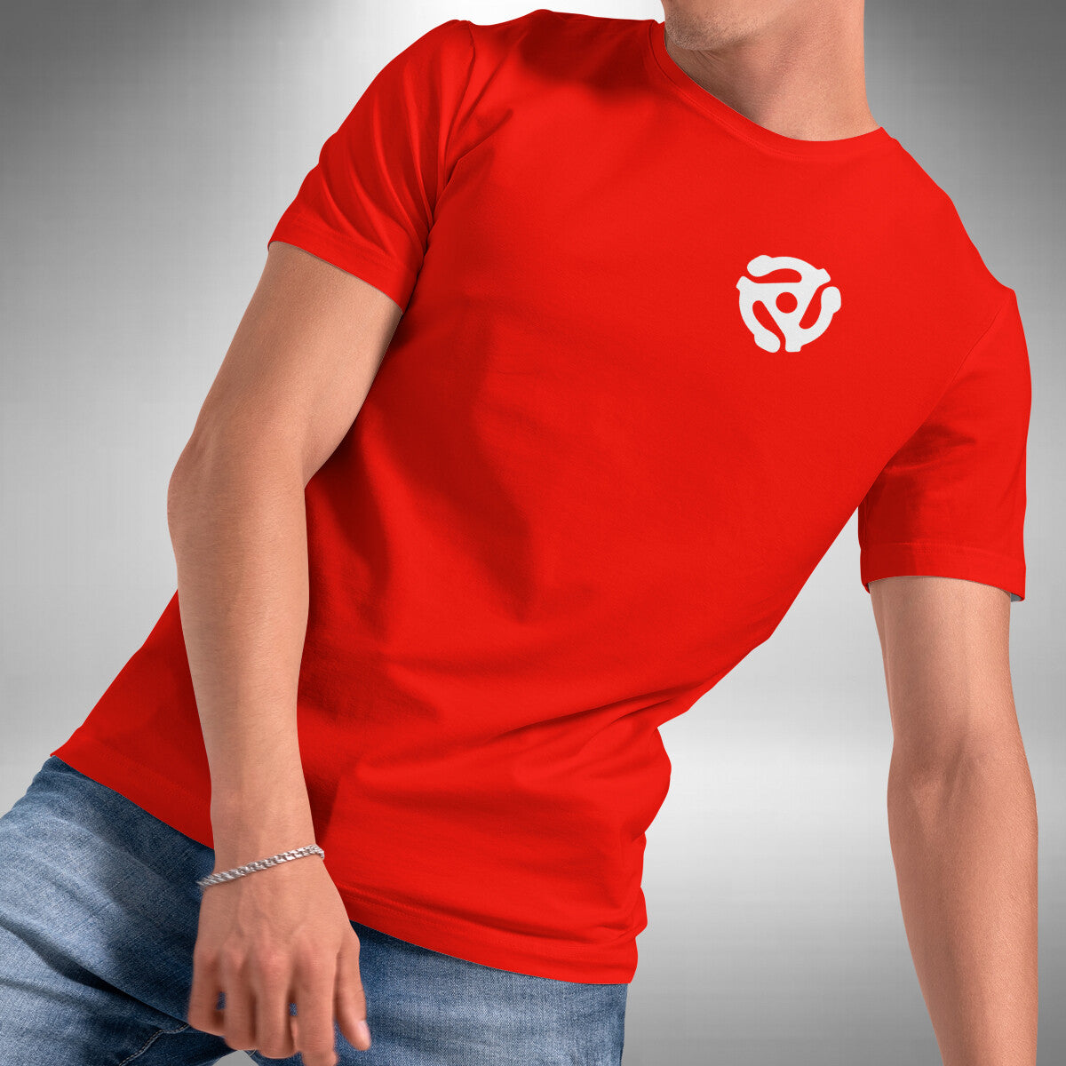 45 RPM T-Shirt - Vinyl Adapter Music Record Spindle Chest Logo