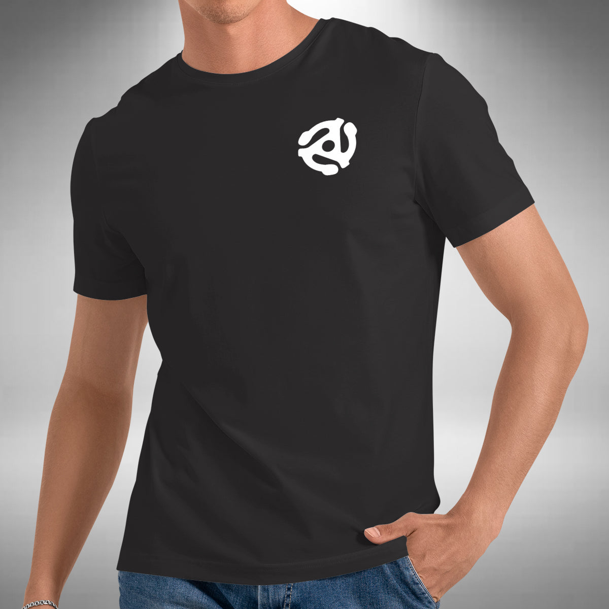 45 RPM T-Shirt - Vinyl Adapter Music Record Spindle Chest Logo