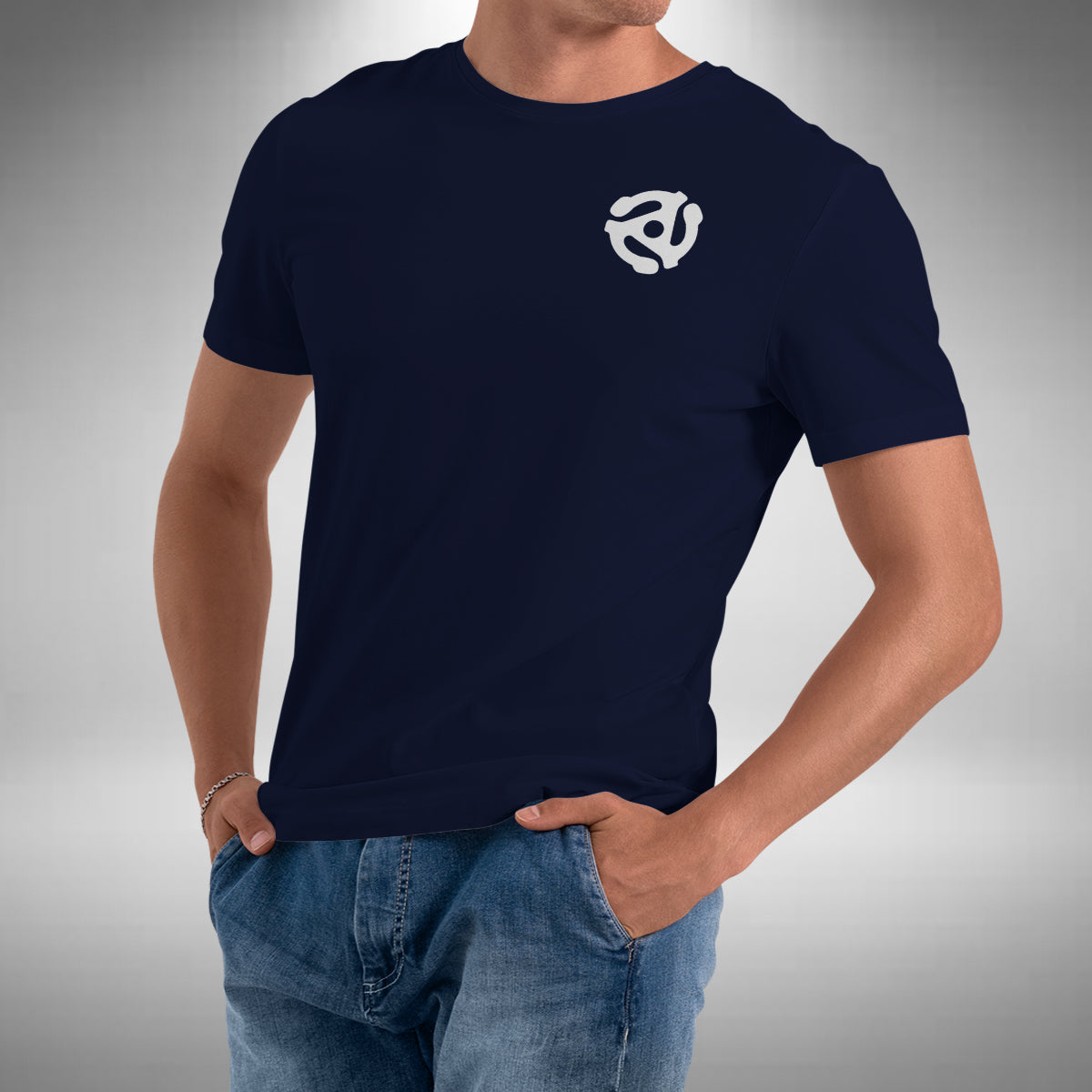 45 RPM T-Shirt - Vinyl Adapter Music Record Spindle Chest Logo