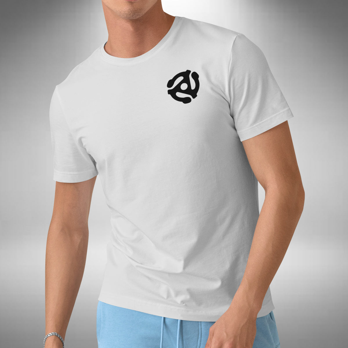 45 RPM T-Shirt - Vinyl Adapter Music Record Spindle Chest Logo