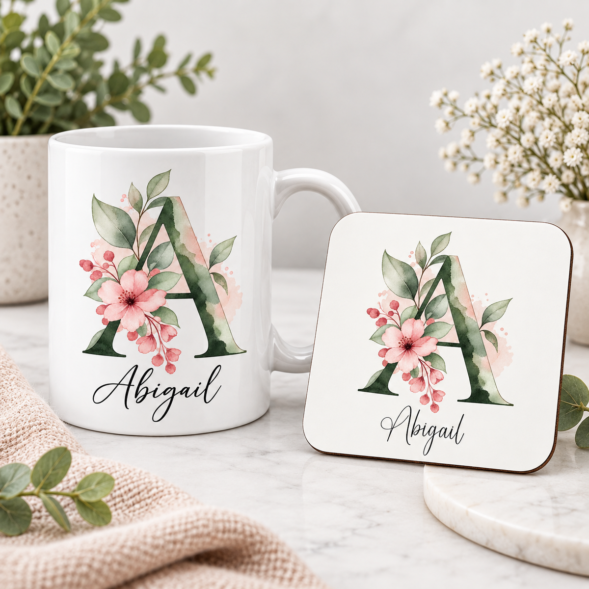 Personalised Initial Mug, Coaster or Gift Set – Any Name