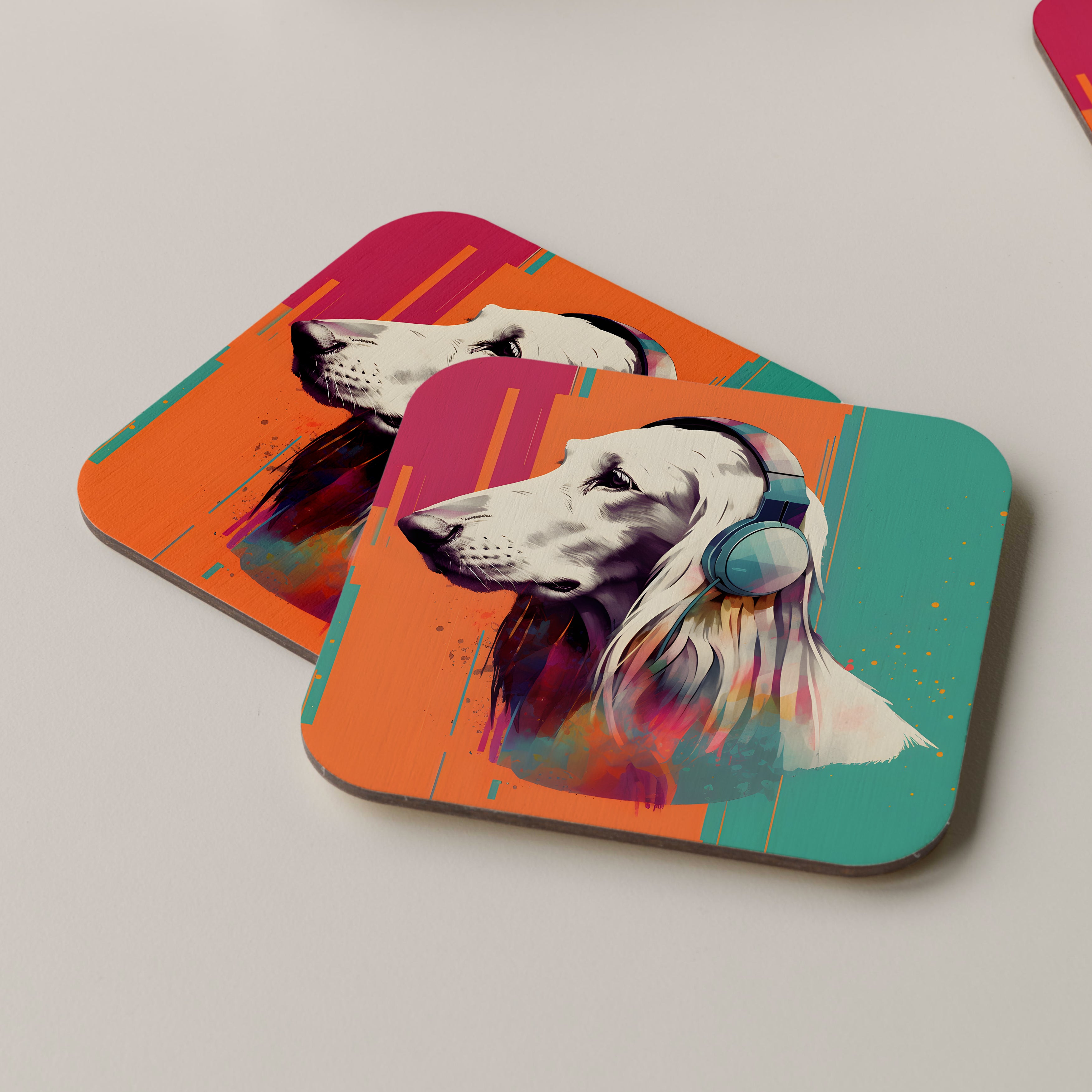 Afghan Hound Wearing Headphones Coasters