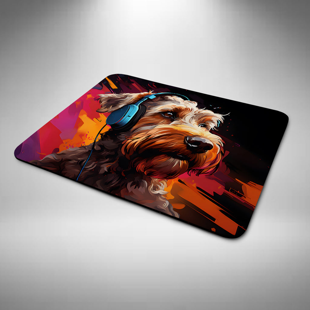 Airedale Terrier Wearing Headphones Mouse Mat