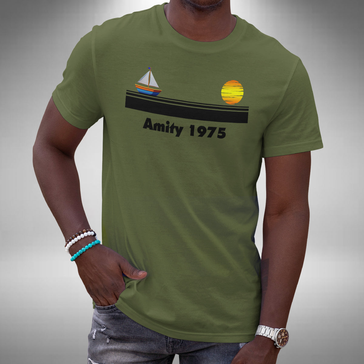 Amity 1975 T-Shirt - Funny Jaws Inspired Sailboat Sunset Island