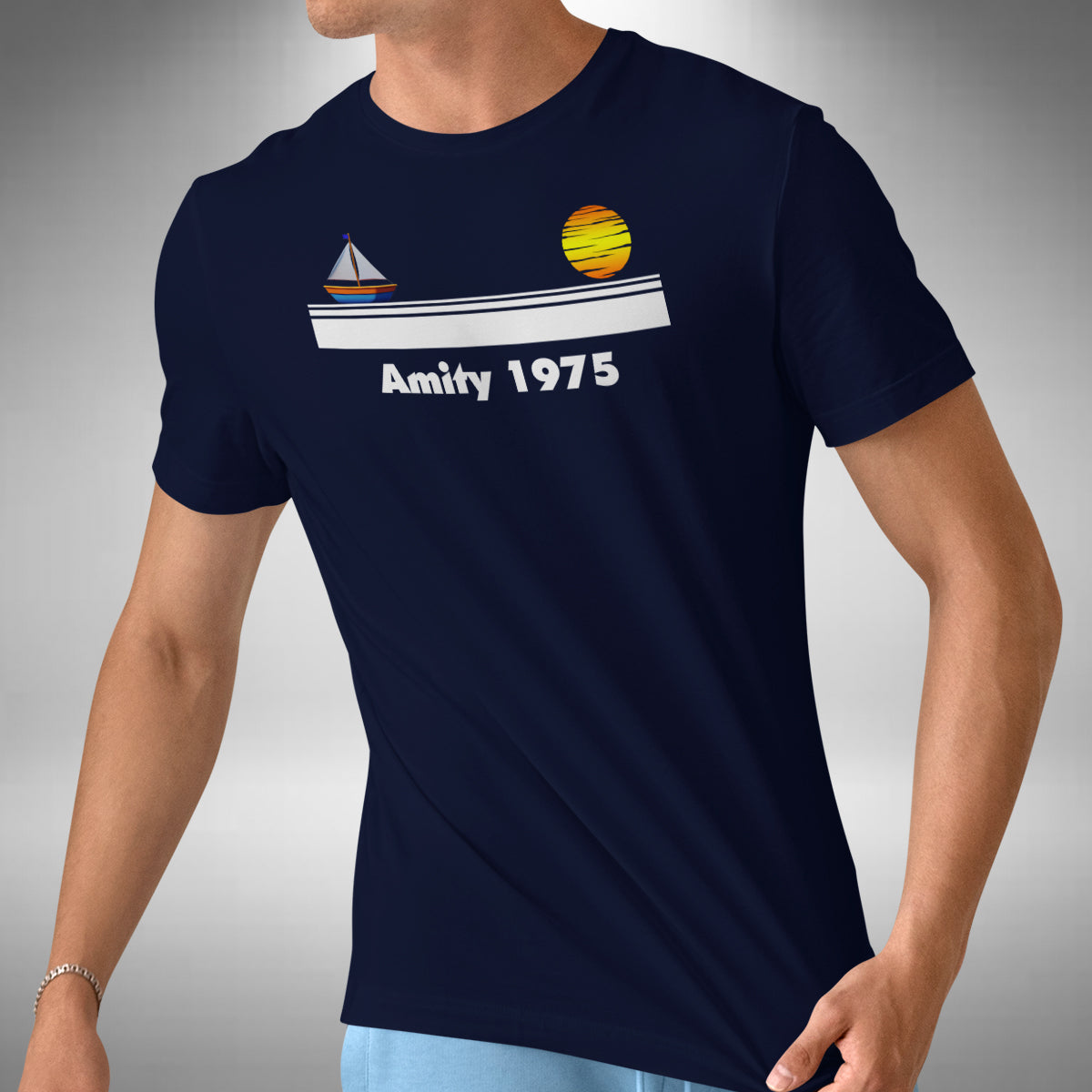 Amity 1975 T-Shirt - Funny Jaws Inspired Sailboat Sunset Island