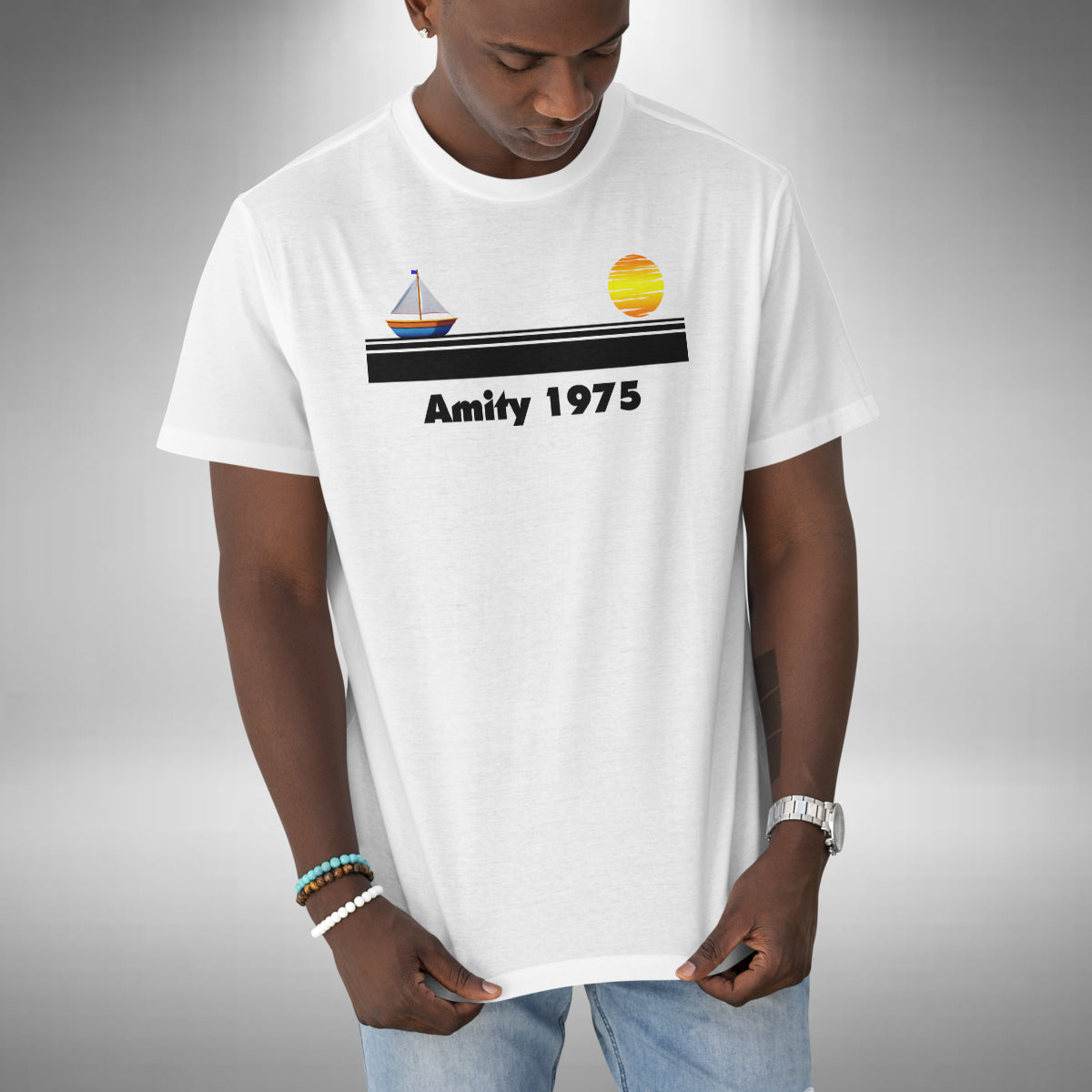 Amity 1975 T-Shirt - Funny Jaws Inspired Sailboat Sunset Island