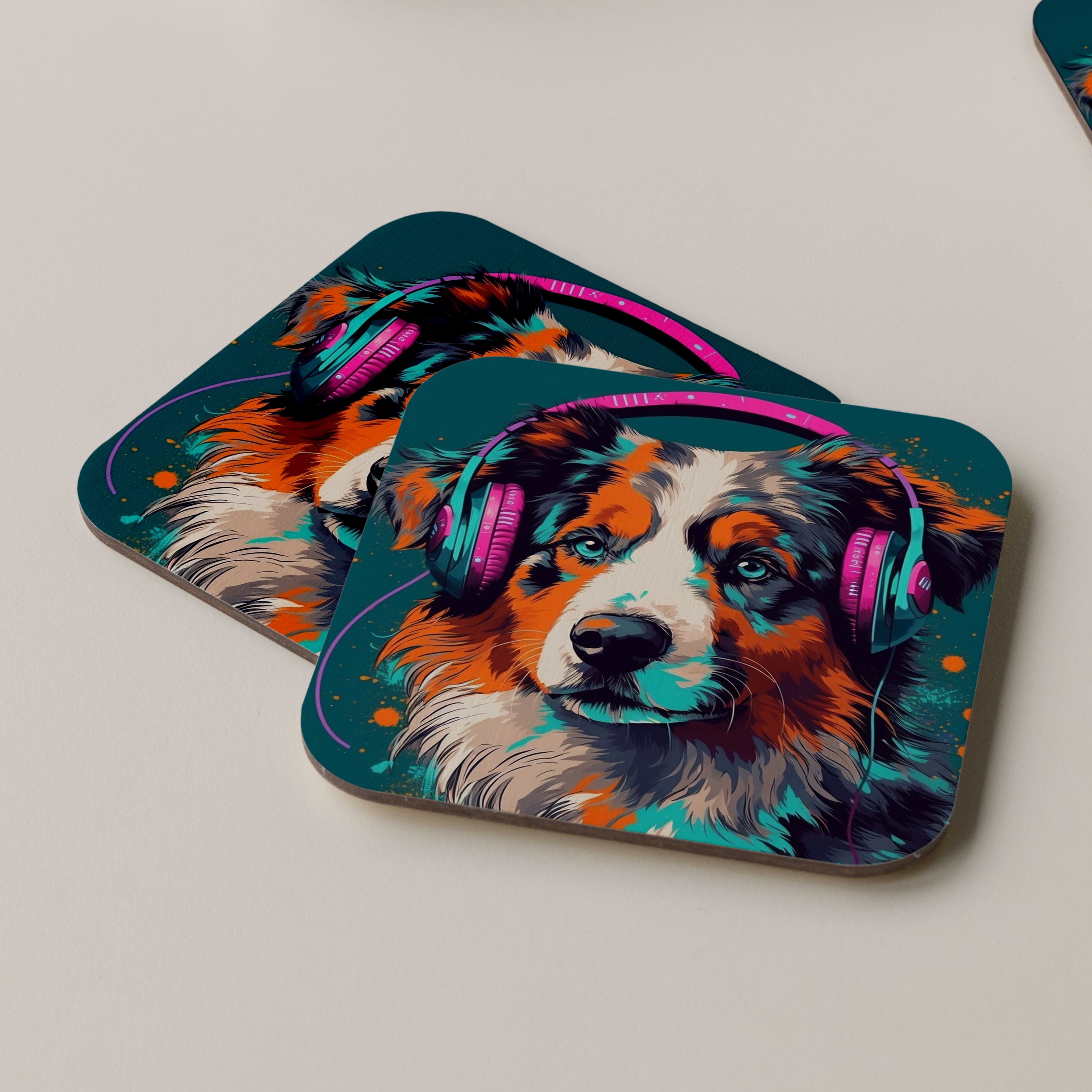Australian Shepherd Wearing Headphones Coasters