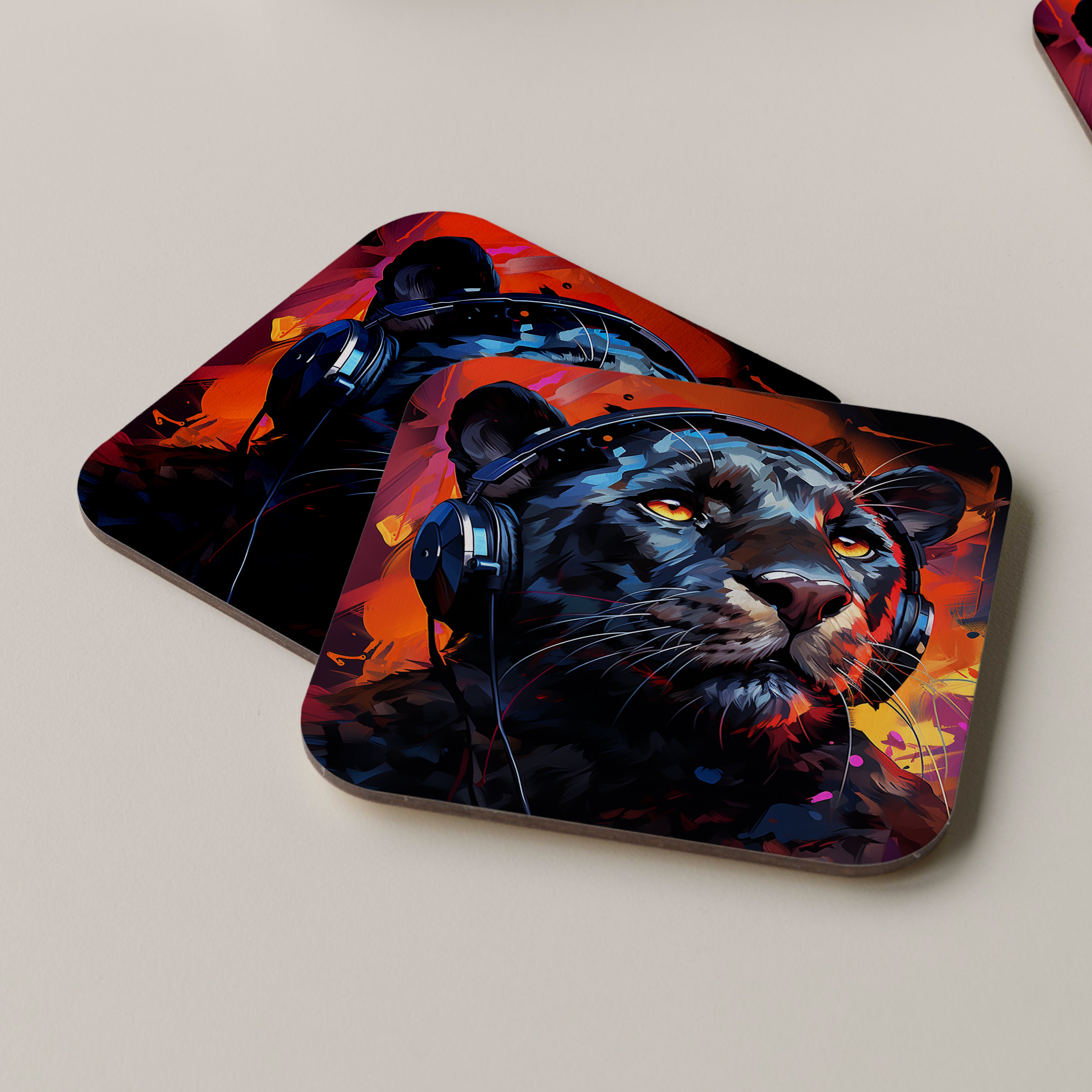 Black Panther Wearing Headphones Coasters