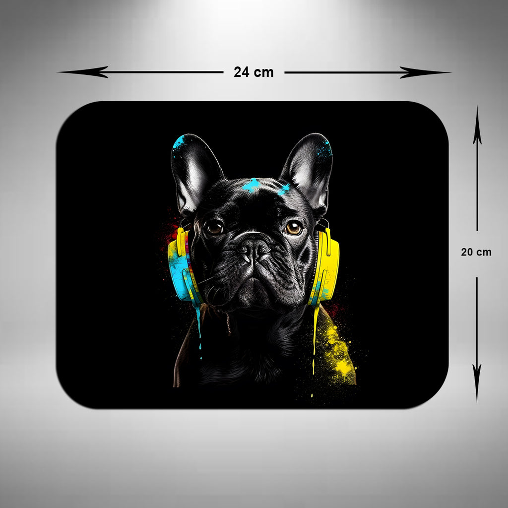 Black French Bulldog Wearing Headphones Mouse Mat