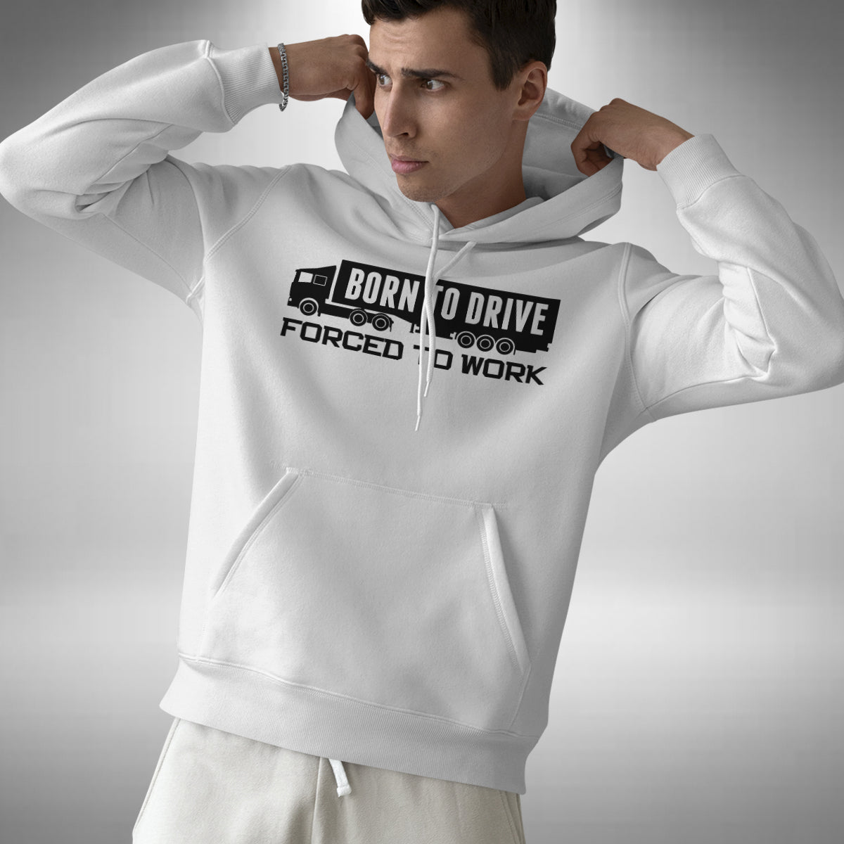 Truck Driver Adult Hoodie - Funny Forced To Work Born To Drive Heavy Goods