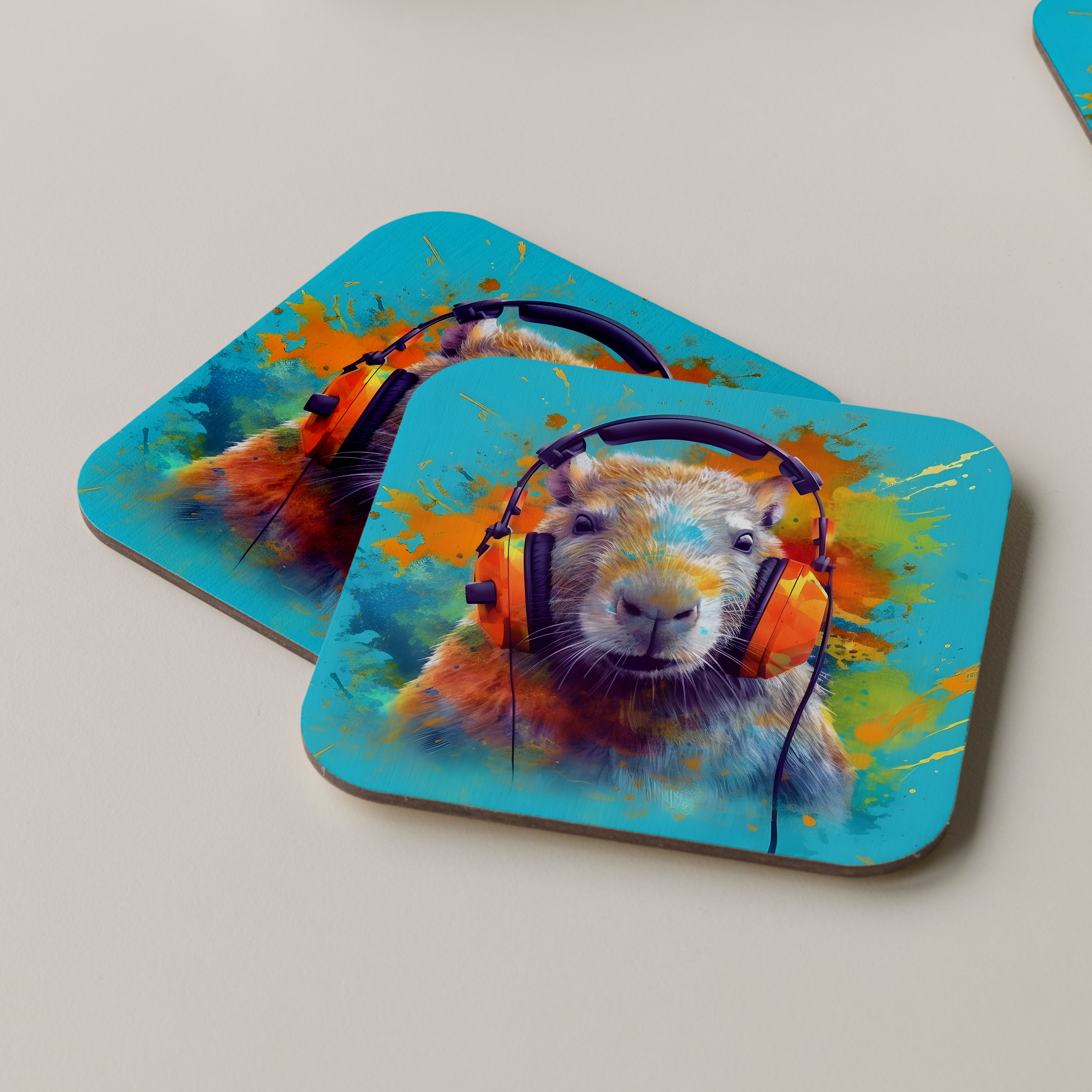 Capybara Wearing Headphones Coasters