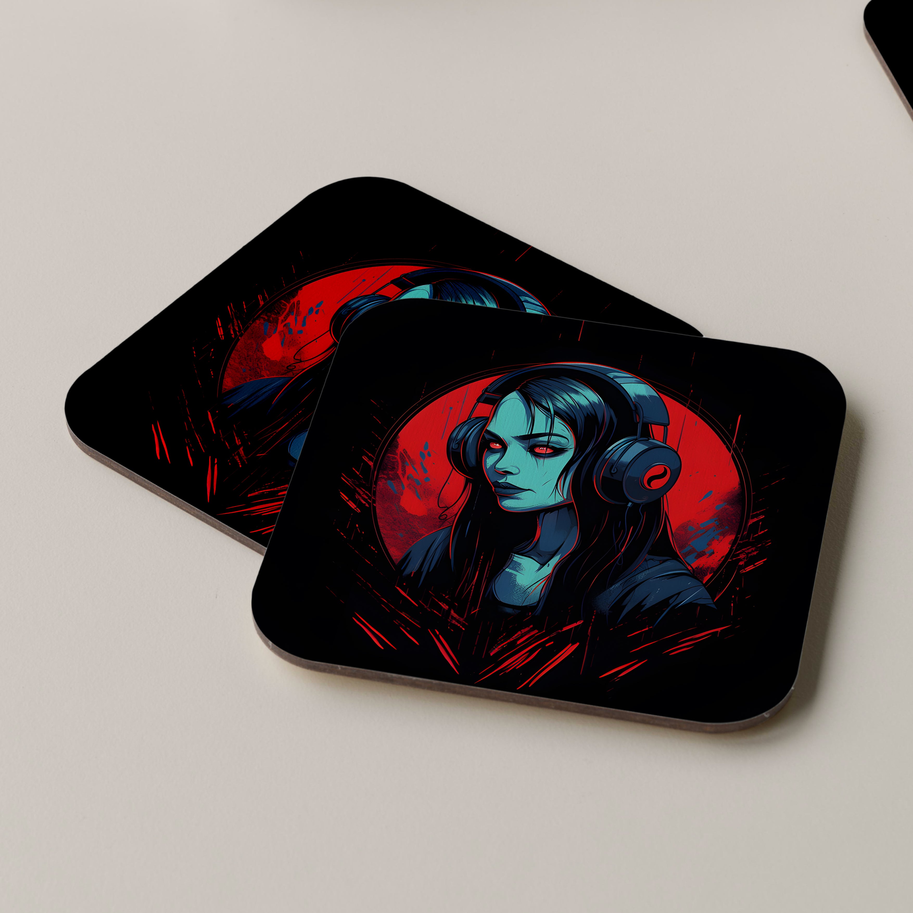 Female Vampire Wearing Headphones Coasters