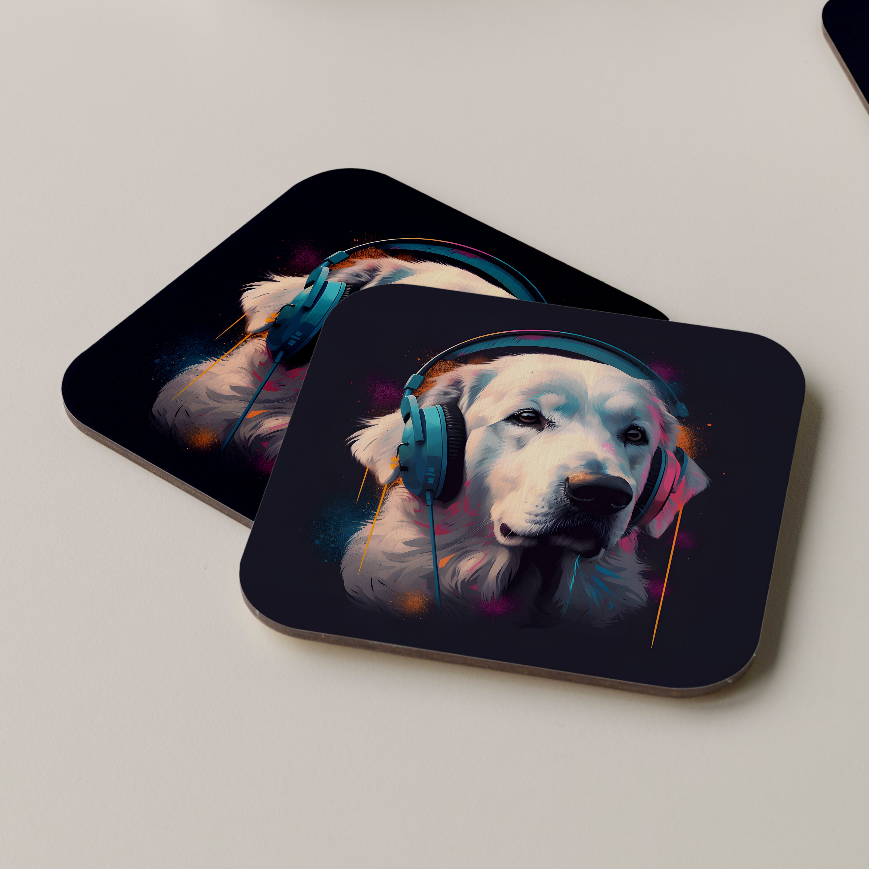 Great Pyrenees Wearing Headphones Coasters