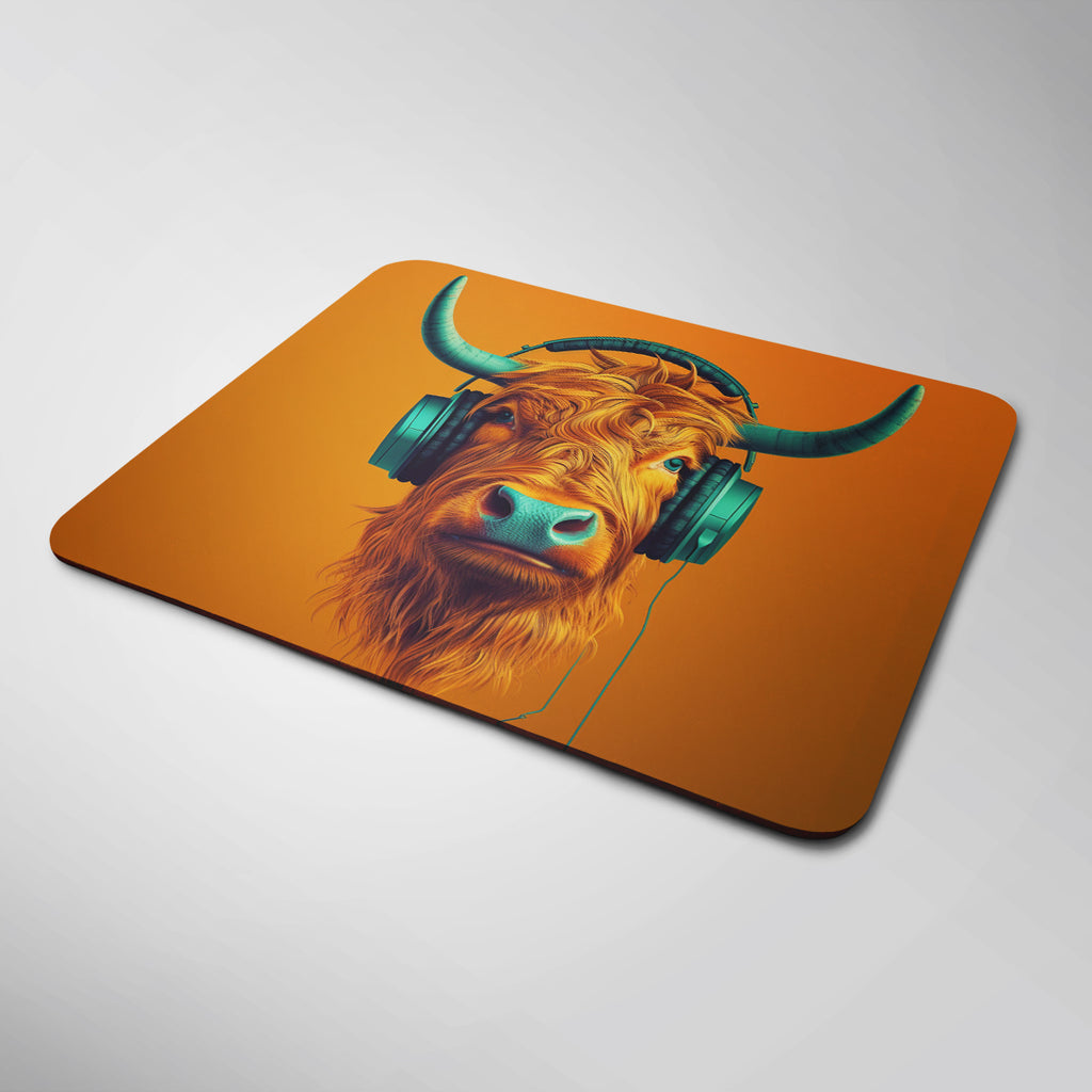 Highland Cattle Wearing Headphones Mouse Mat