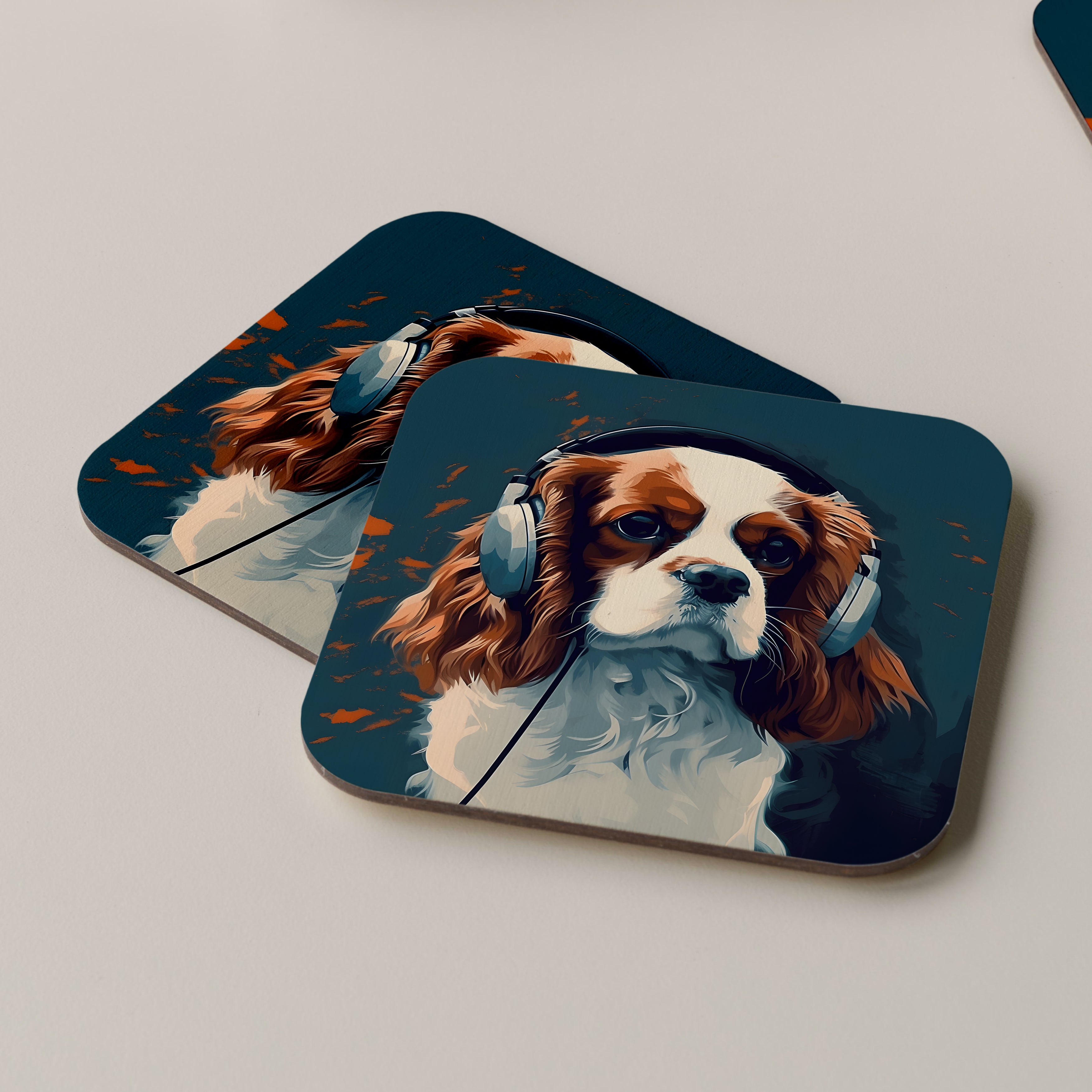 King Charles Spaniel Wearing Headphones Coasters