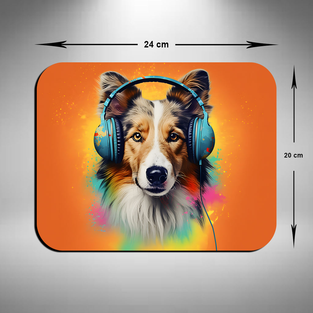 Rough Collie Wearing Headphones Mouse Mat