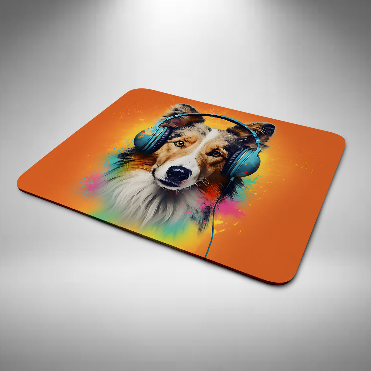 Rough Collie Wearing Headphones Mouse Mat