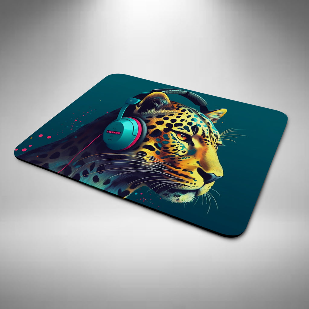 Leopard Wearing Headphones Mouse Mat