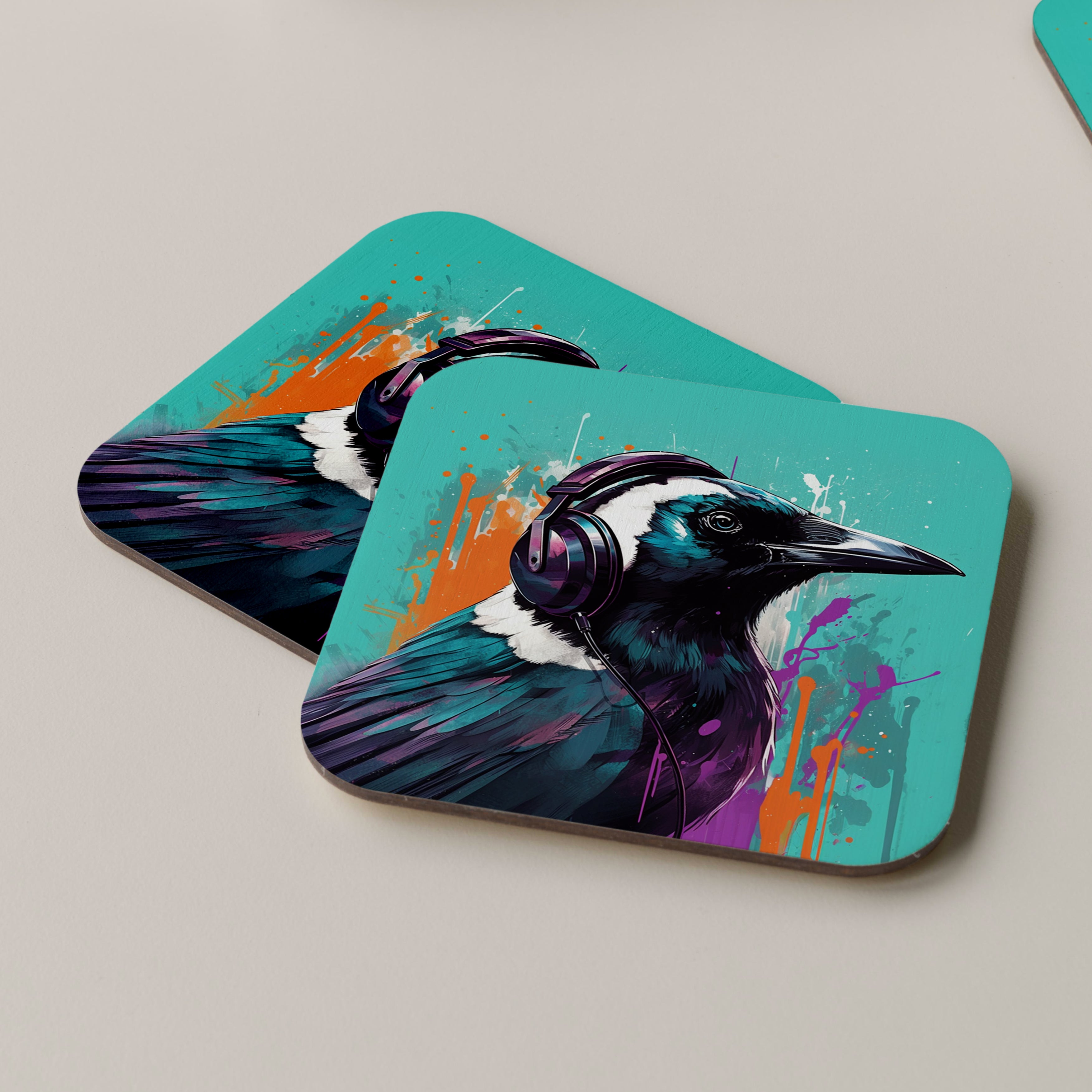 Magpie Wearing Headphones Coasters