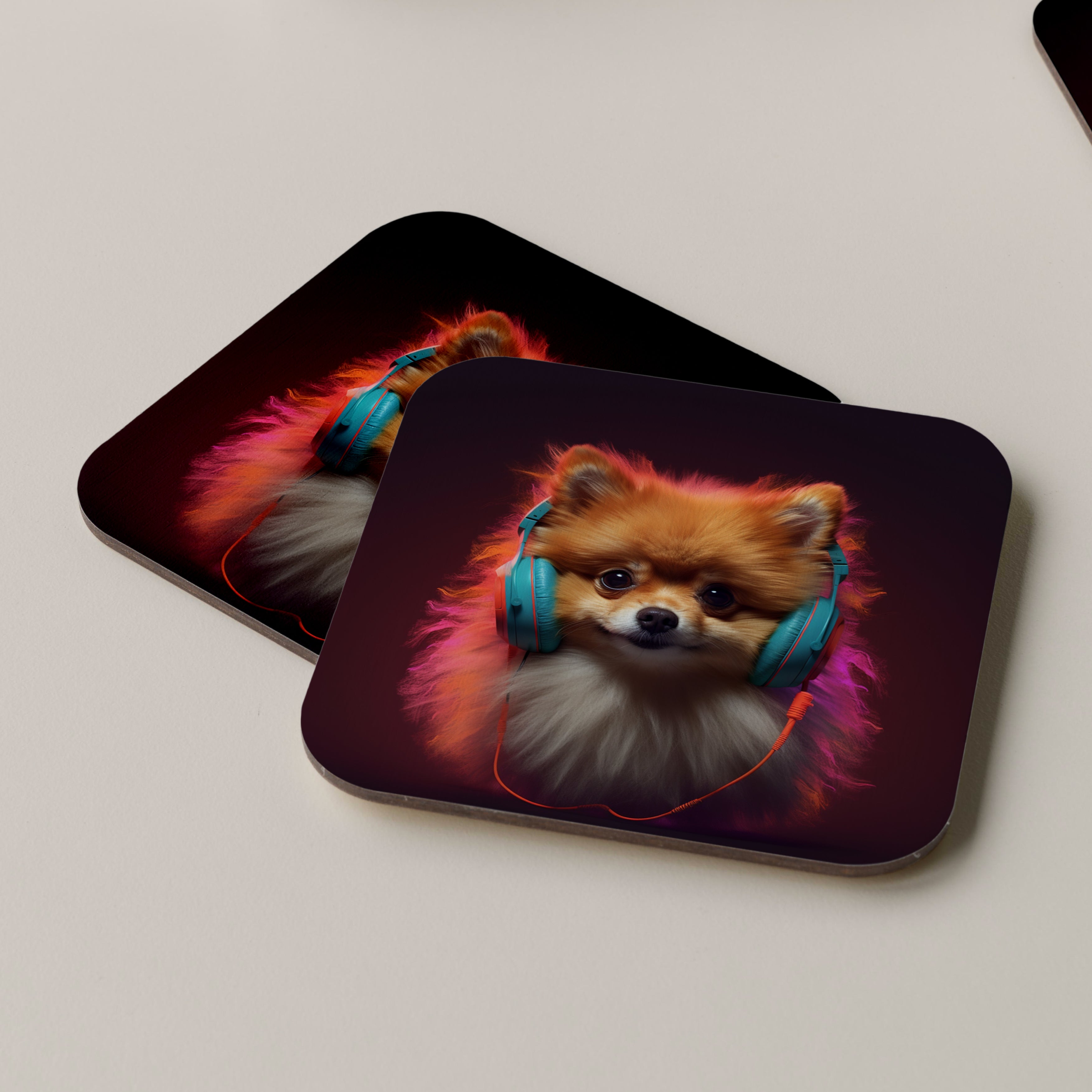 Pomeranian Wearing Headphones Coasters