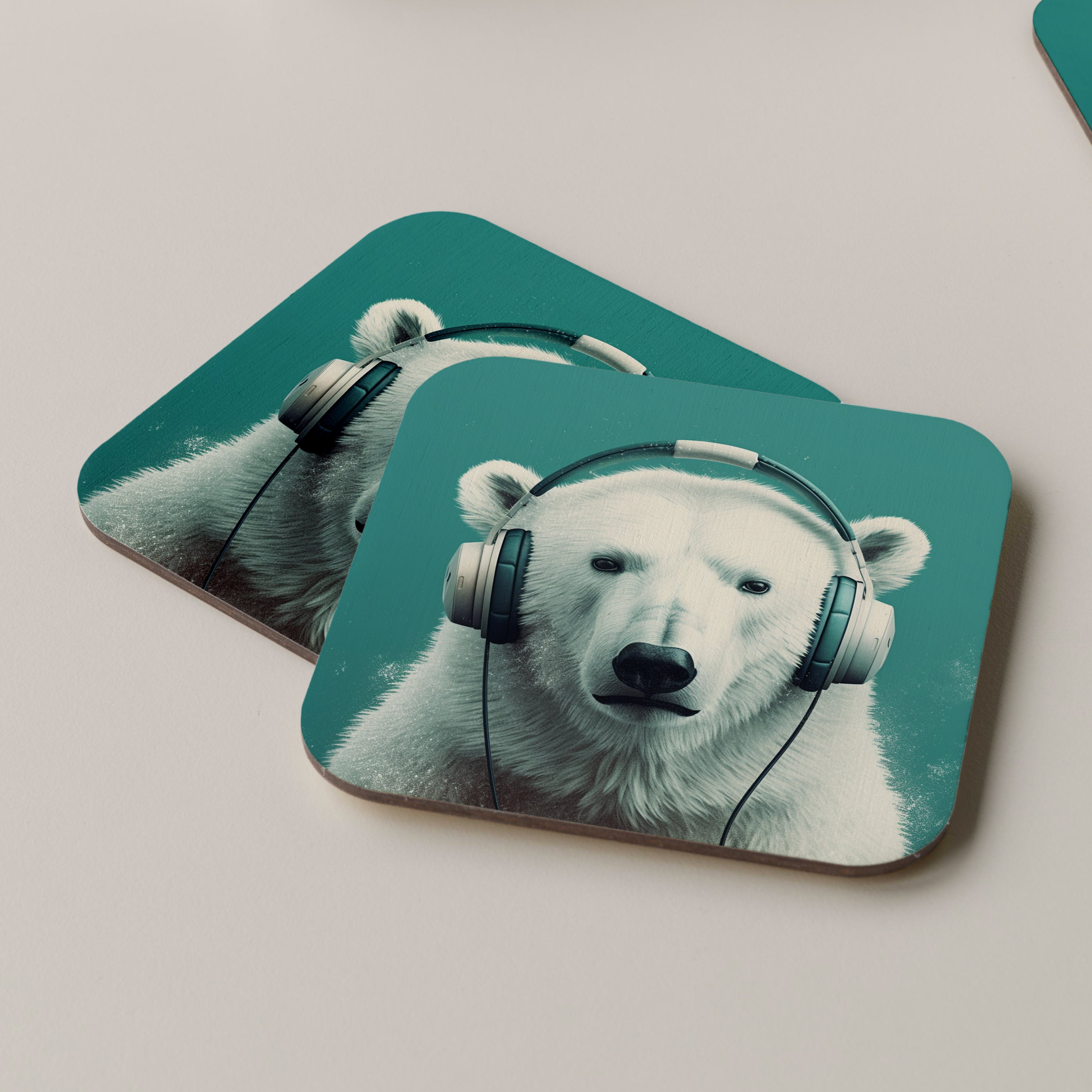 Polar Bear Wearing Headphones Coasters