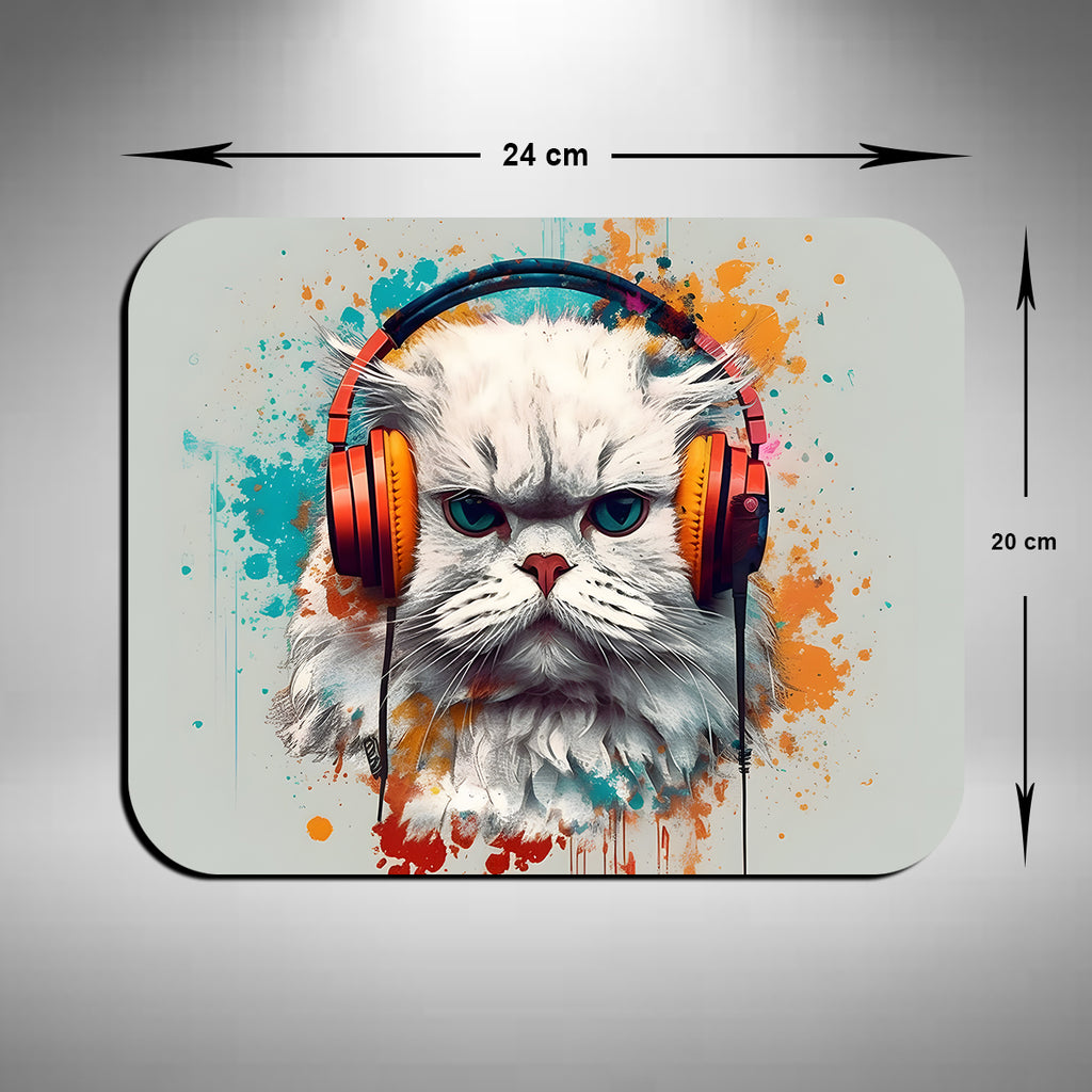 Persian Cat Wearing Headphones Mouse Mat