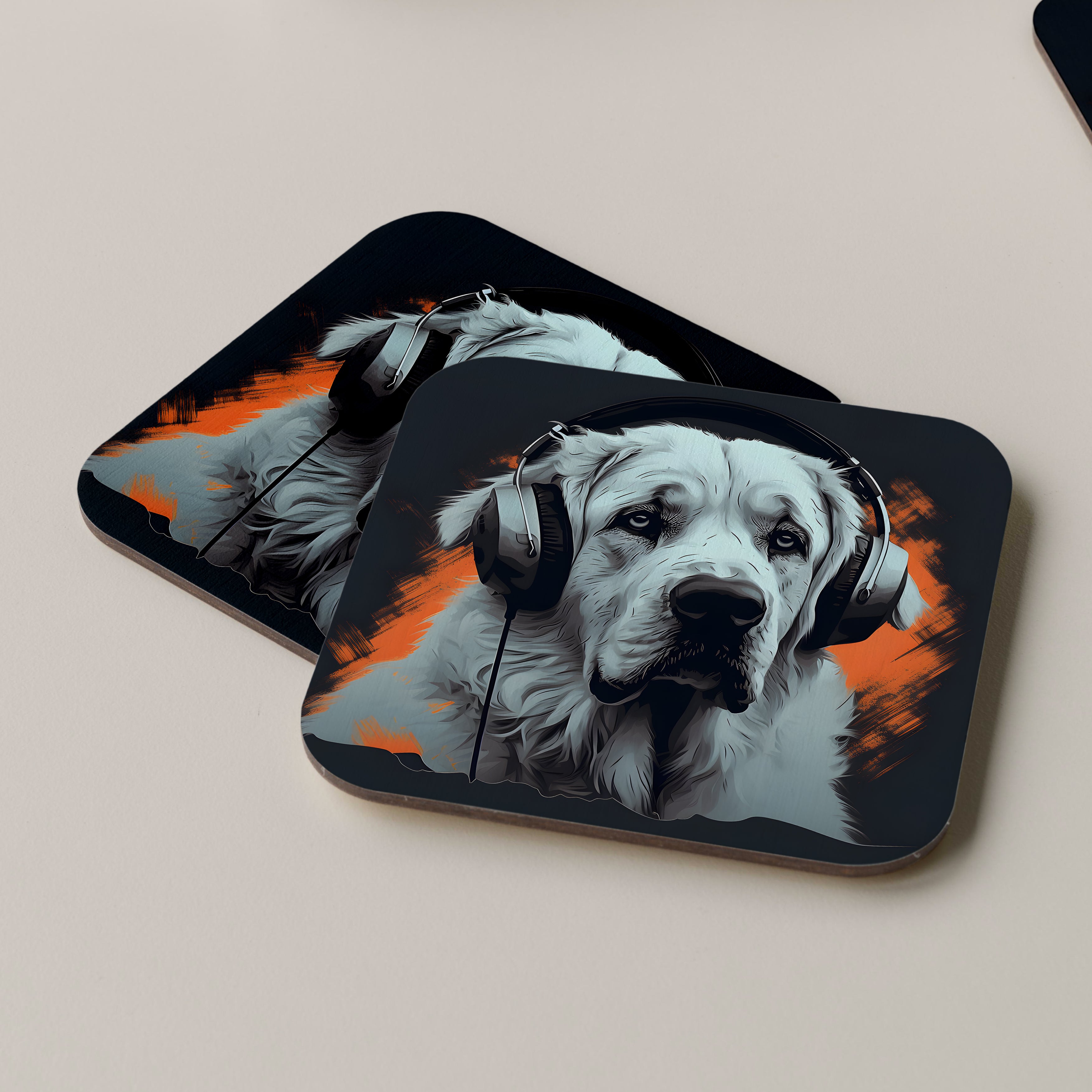 Pyrenean Mastiff Wearing Headphones Coasters