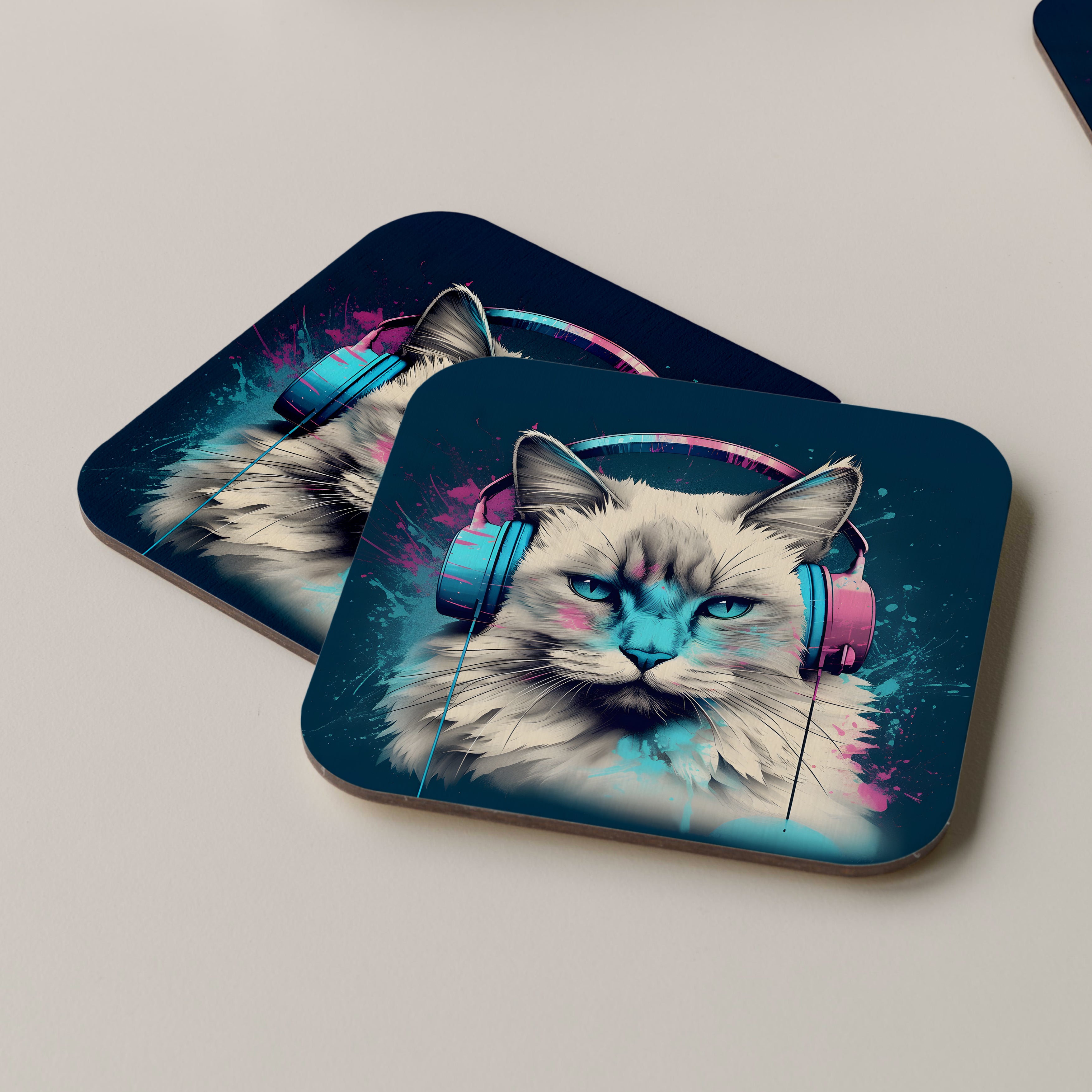 Ragdoll Cat Wearing Headphones Coasters