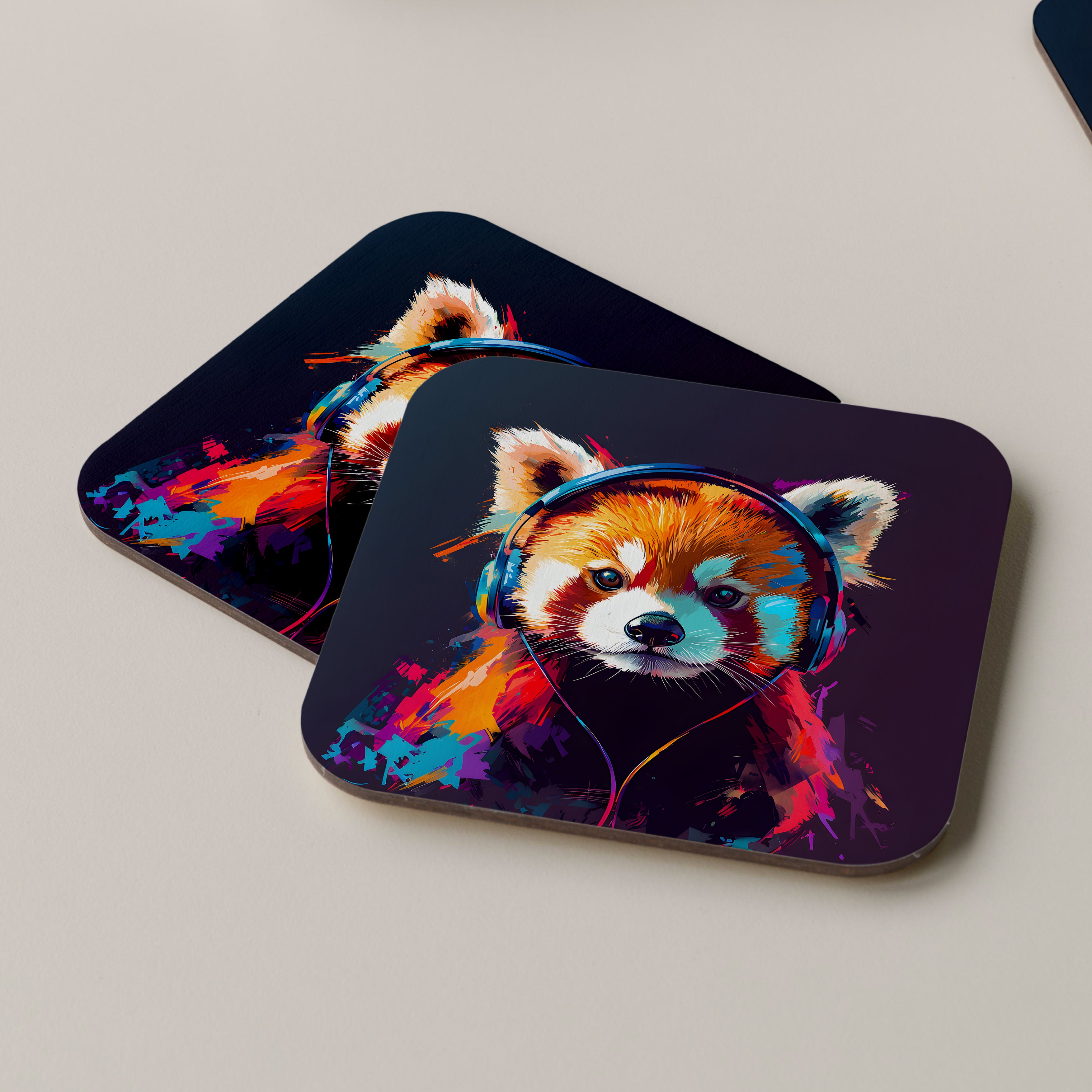 Red Panda Wearing Headphones Coasters