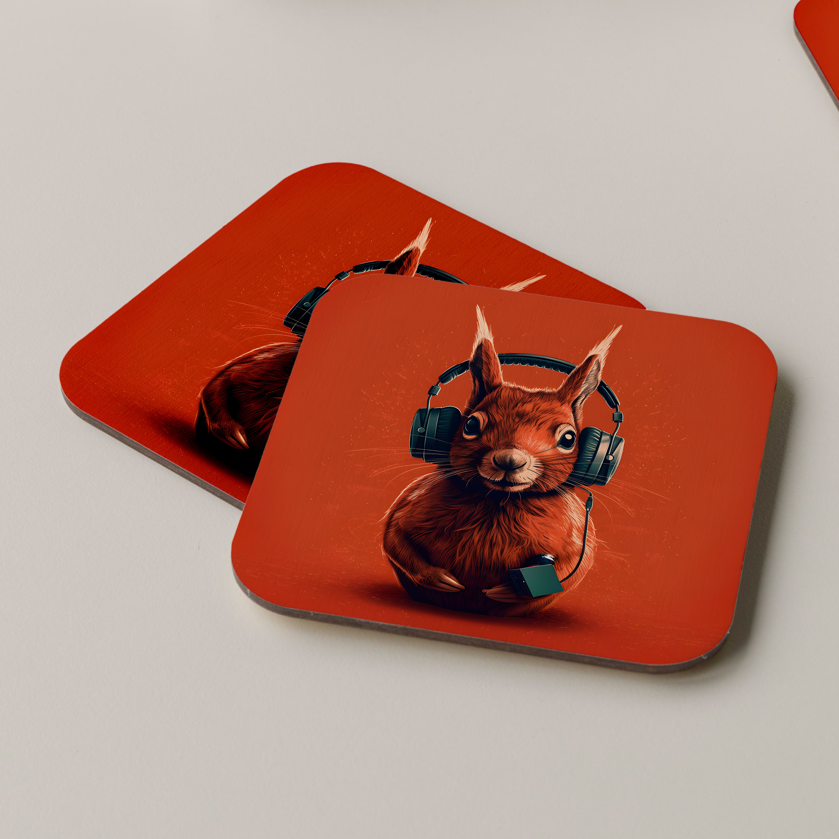 Red Squirrel Wearing Headphones Coasters