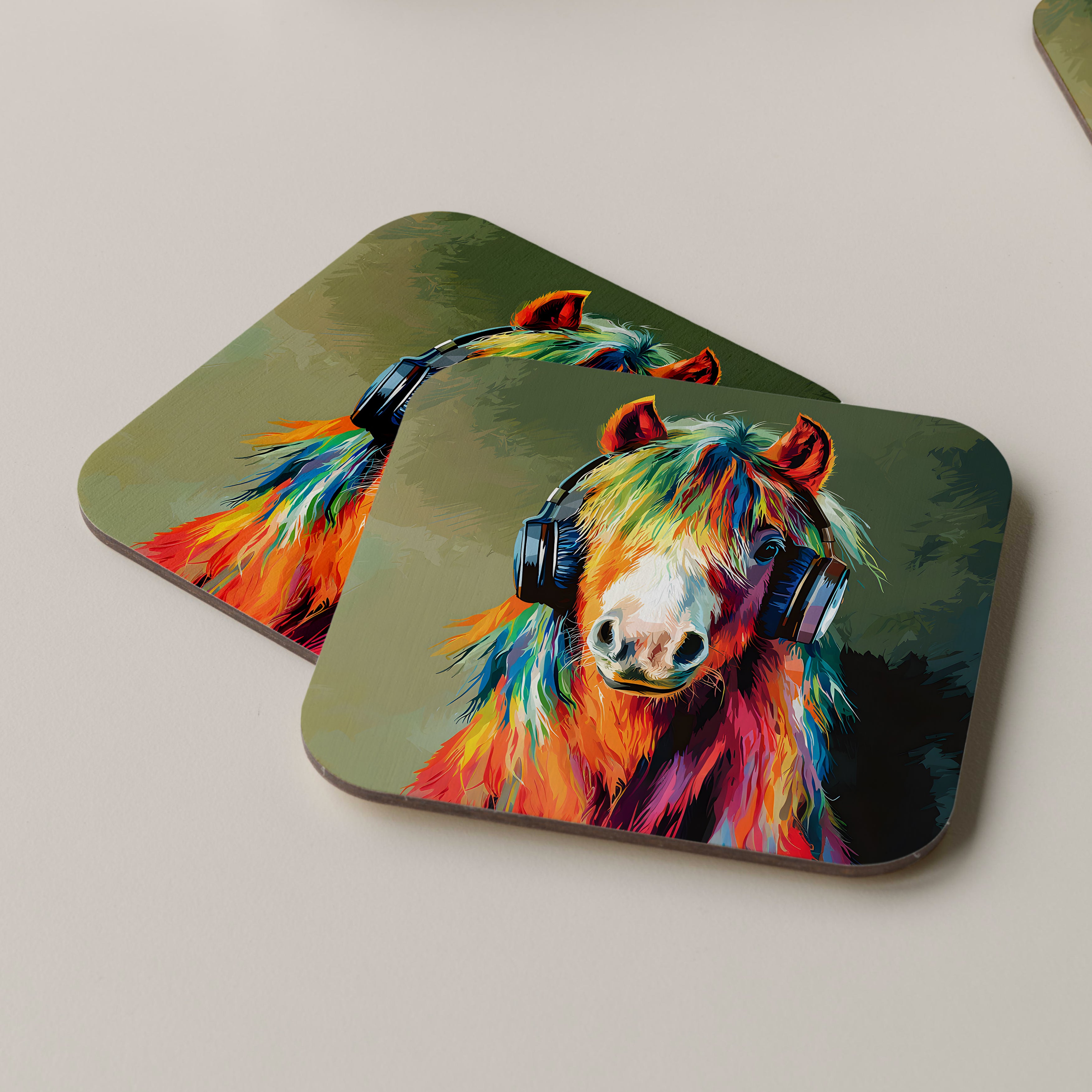 Shetland Pony Wearing Headphones Coasters