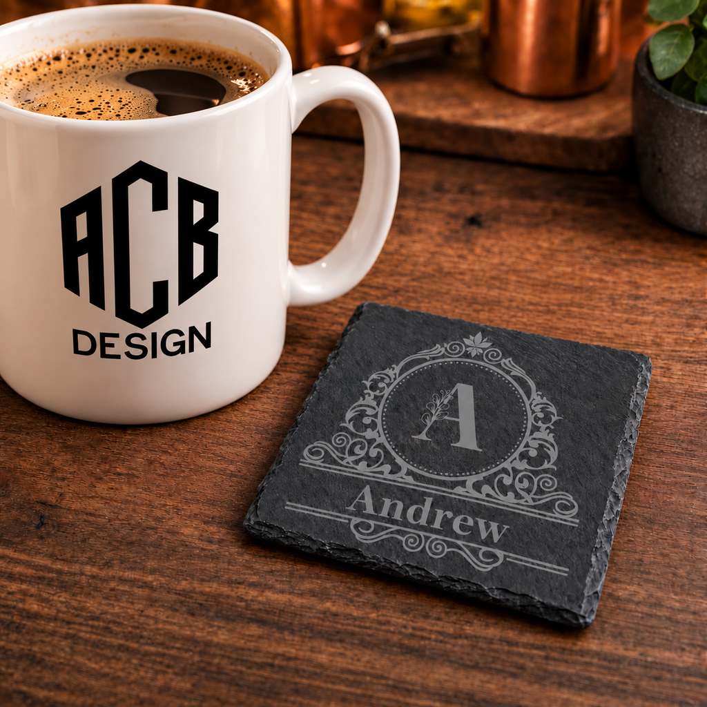 Personalised Initial & Name Slate Coaster – 10 × 10cm