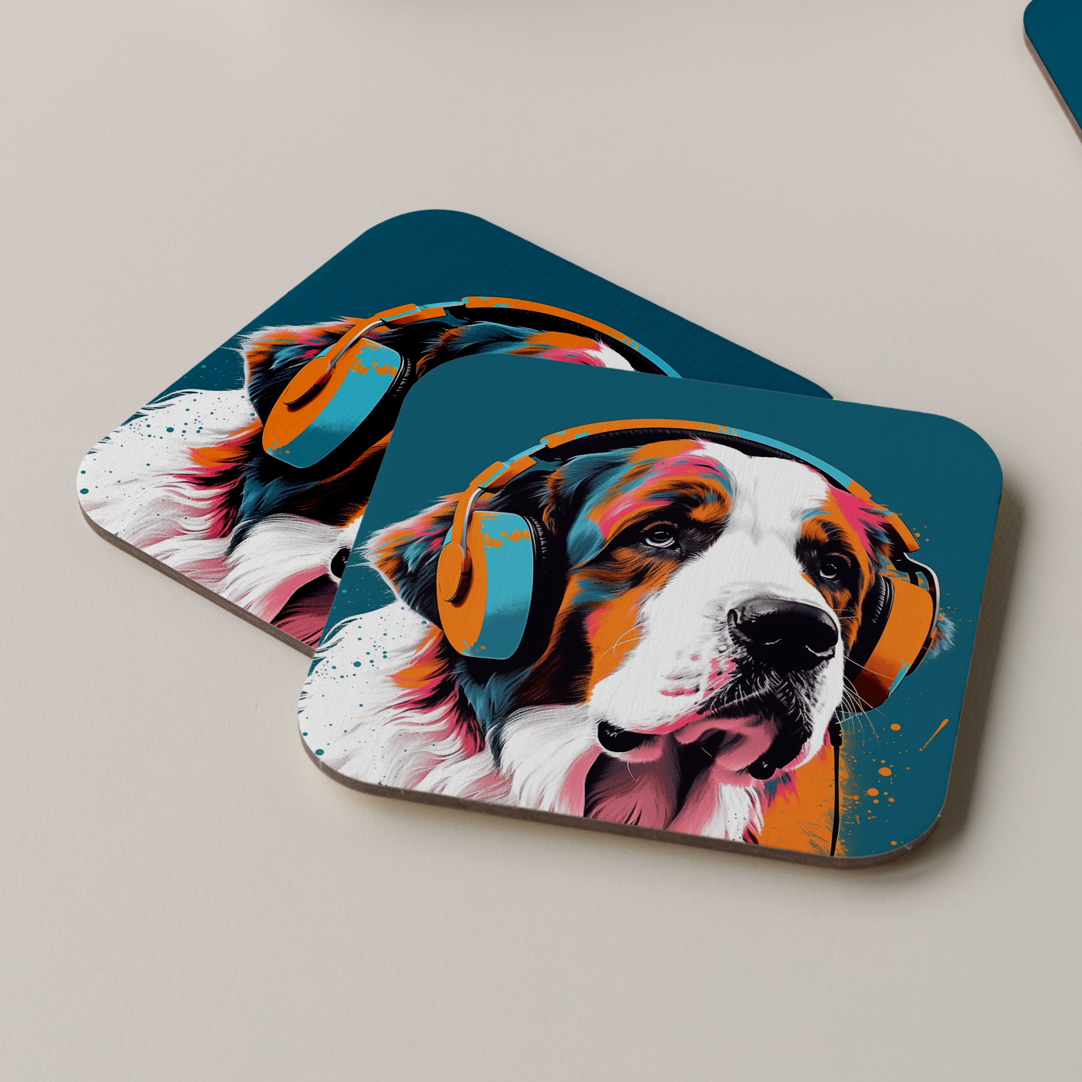 St. Bernard Wearing Headphones Coasters