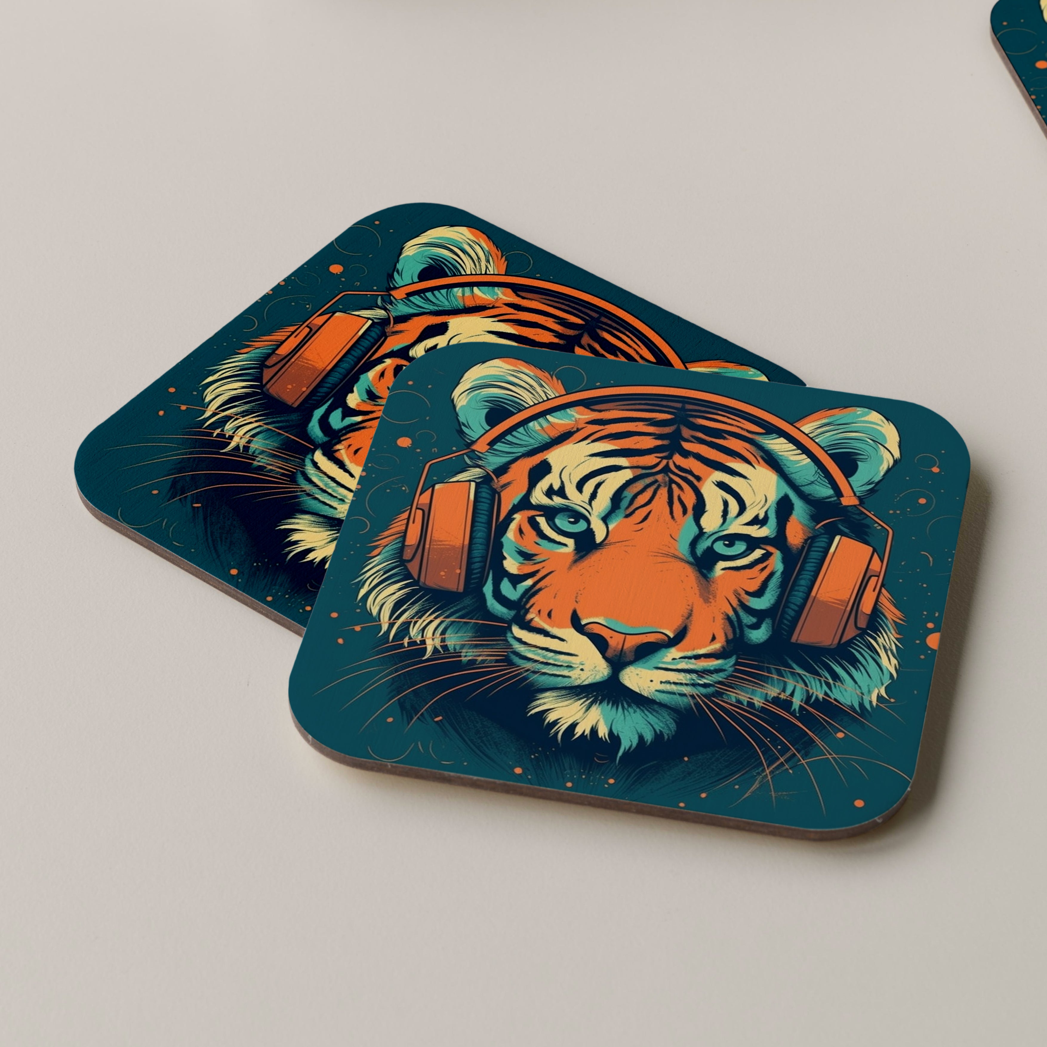 Tiger Wearing Headphones Coasters